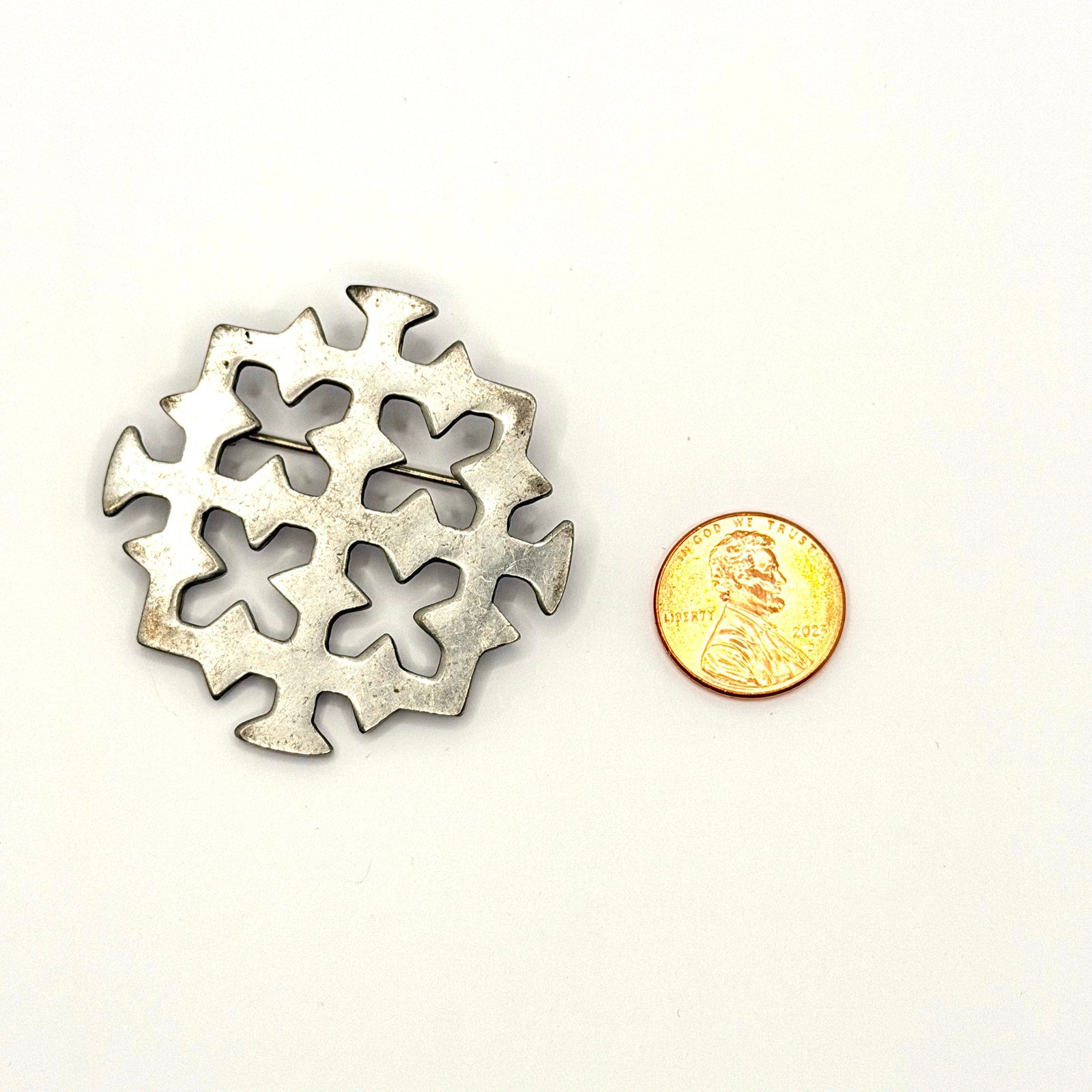 Vintage 70s Signed Corocraft Silver Tone Jerusalem Cross Brooch Pin