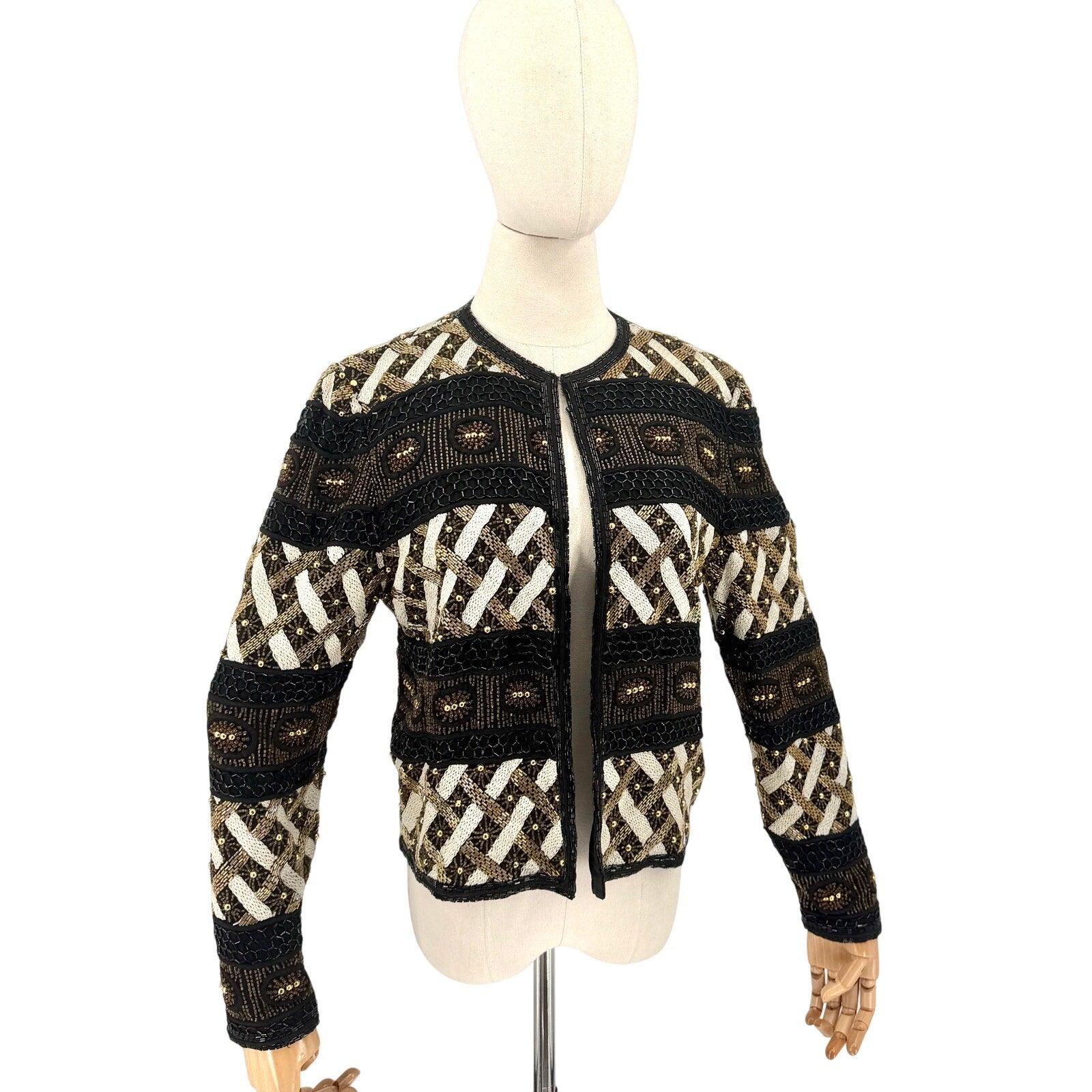 Vintage 90s Niteline Della Roufogali 100% Silk Heavy Beaded Cropped Jacket
