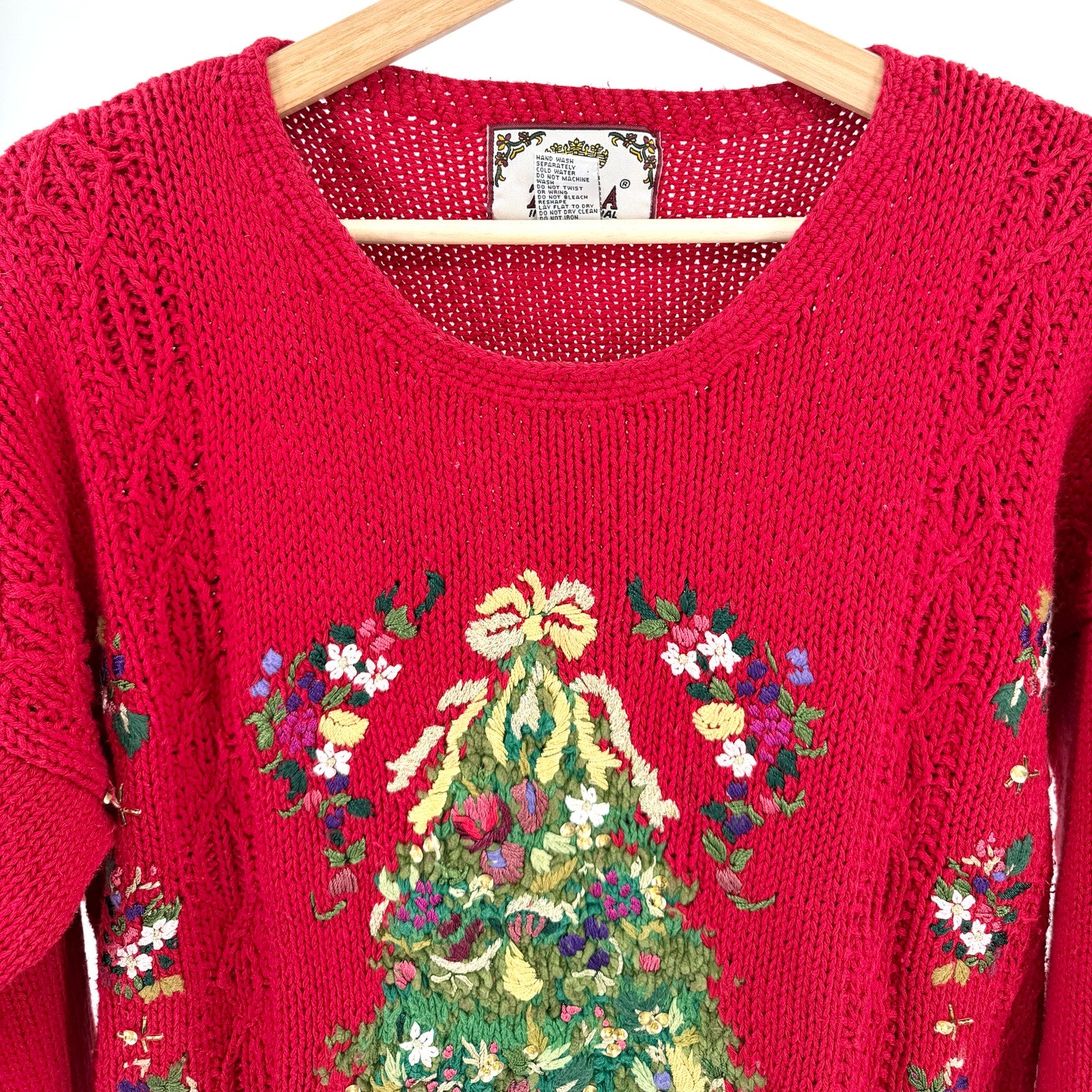 Vintage 90s Tiara International Red Ugly Christmas Tree Beaded Sweater
