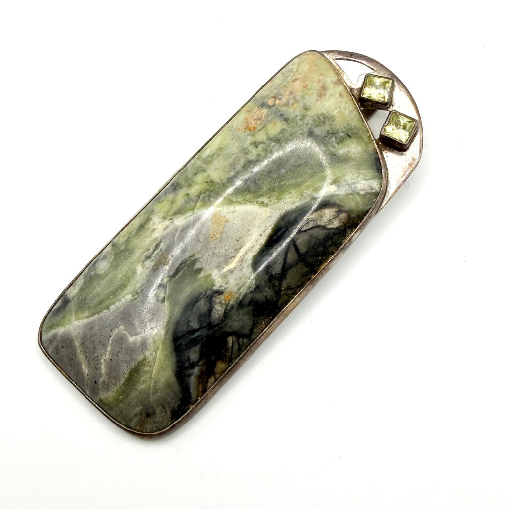 Vintage Massive Sterling Silver Green Serpentine Peridot Brooch Pendant