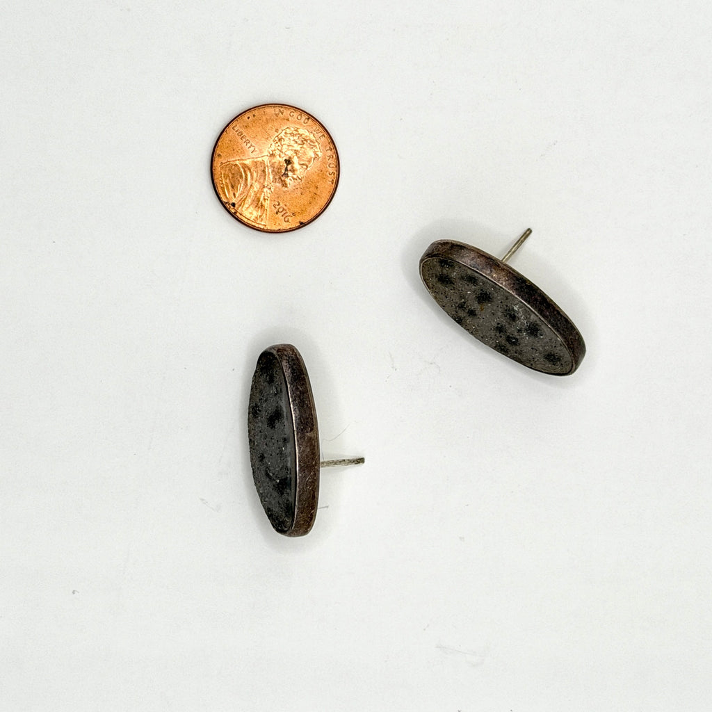 Vintage 90s Grey Black Stamped Sterling Silver Obsidian Druzy Oval Stud Earrings