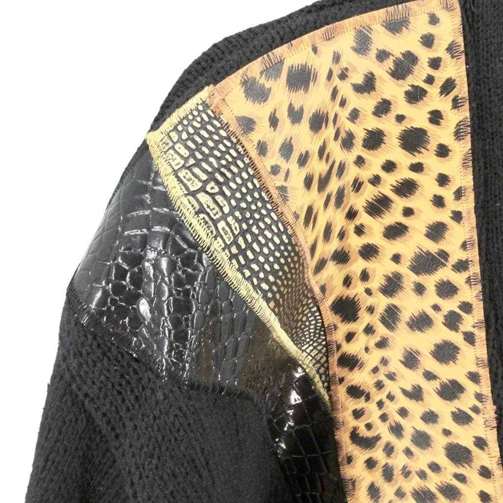 Vintage 90s Jordache Studio Black Leopard Print Vinyl Trim Cardigan Sweater