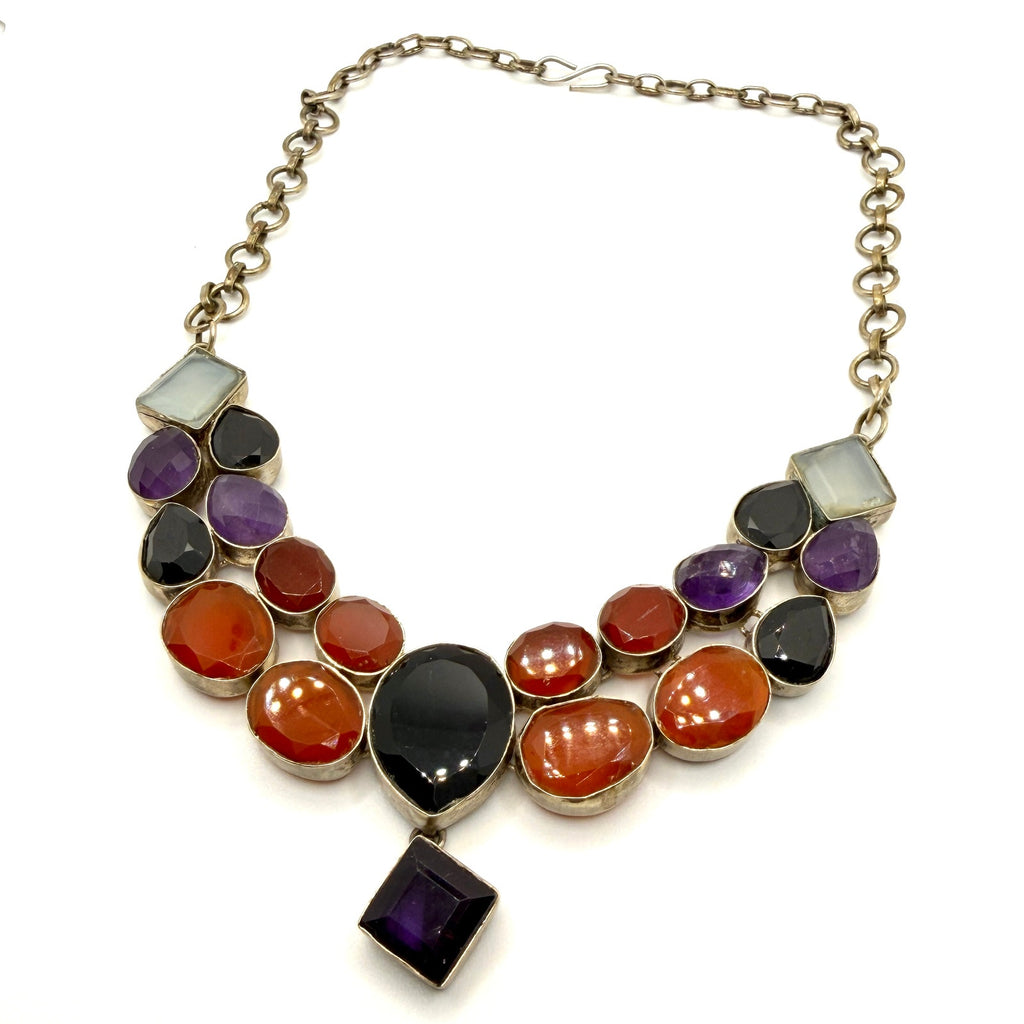 Vintage 90s Stamped Taxco Sterling Silver Multistone Statement Bib Necklace
