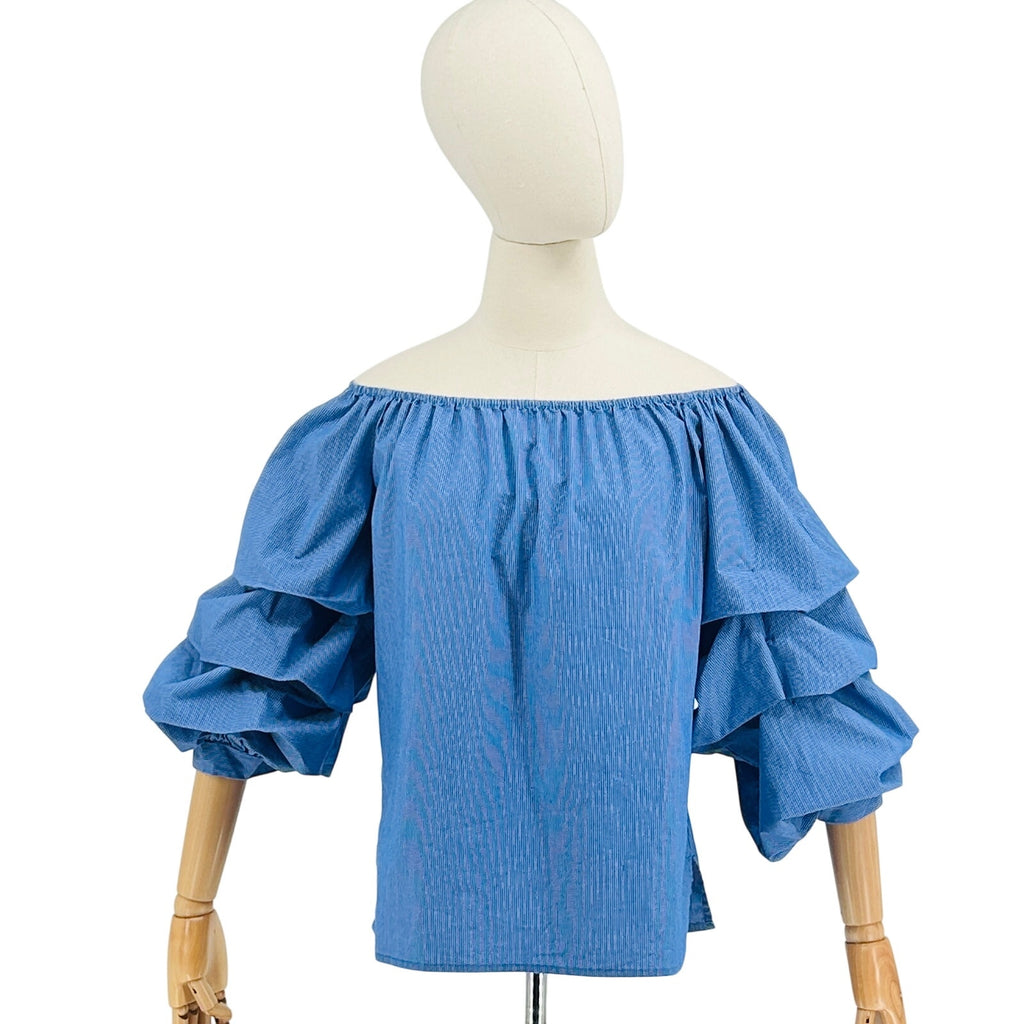 Philosophy Blue White Preppy Nautical Off-the-Shoulder Tiered Sleeve Top
