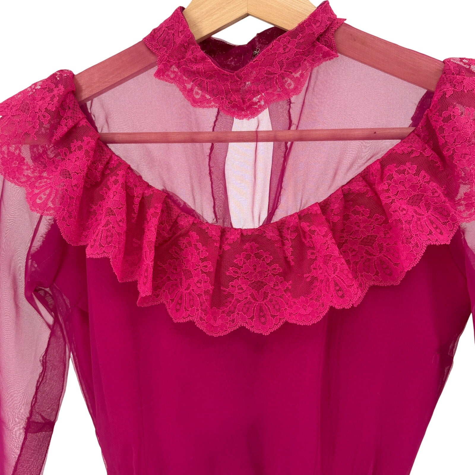 Vintage 70s Handmade Pink Fuchsia Sheer Lace Ruffle High Neck Maxi Dress