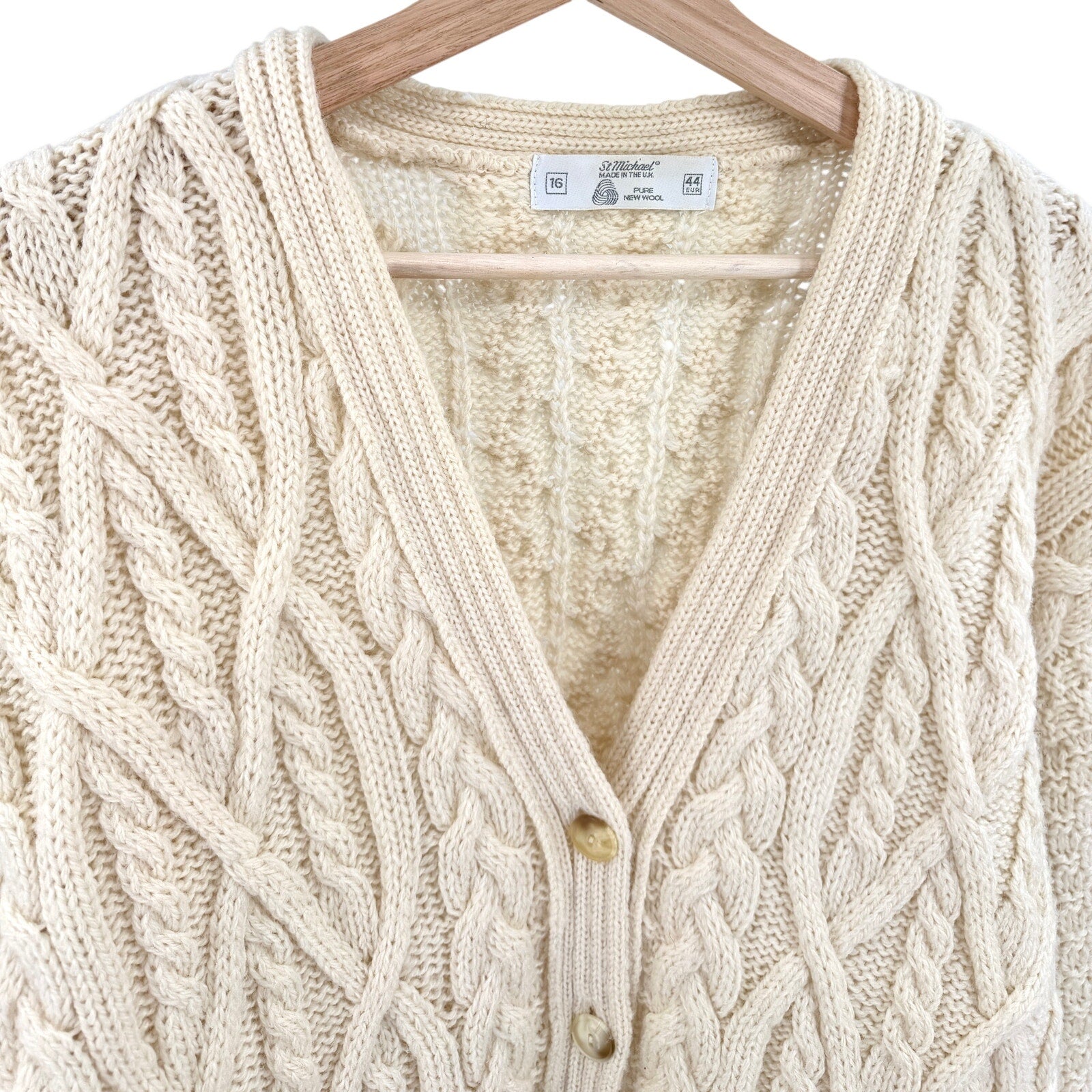 Vintage 90s St Michael Cream 100% Wool Fisherman Oversized Cardigan Sweater