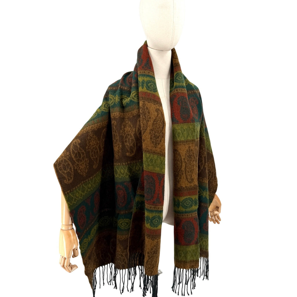 Vintage 90s Bloomingdale's Green Brown Boho Southwest Fringe Wrap Scarf