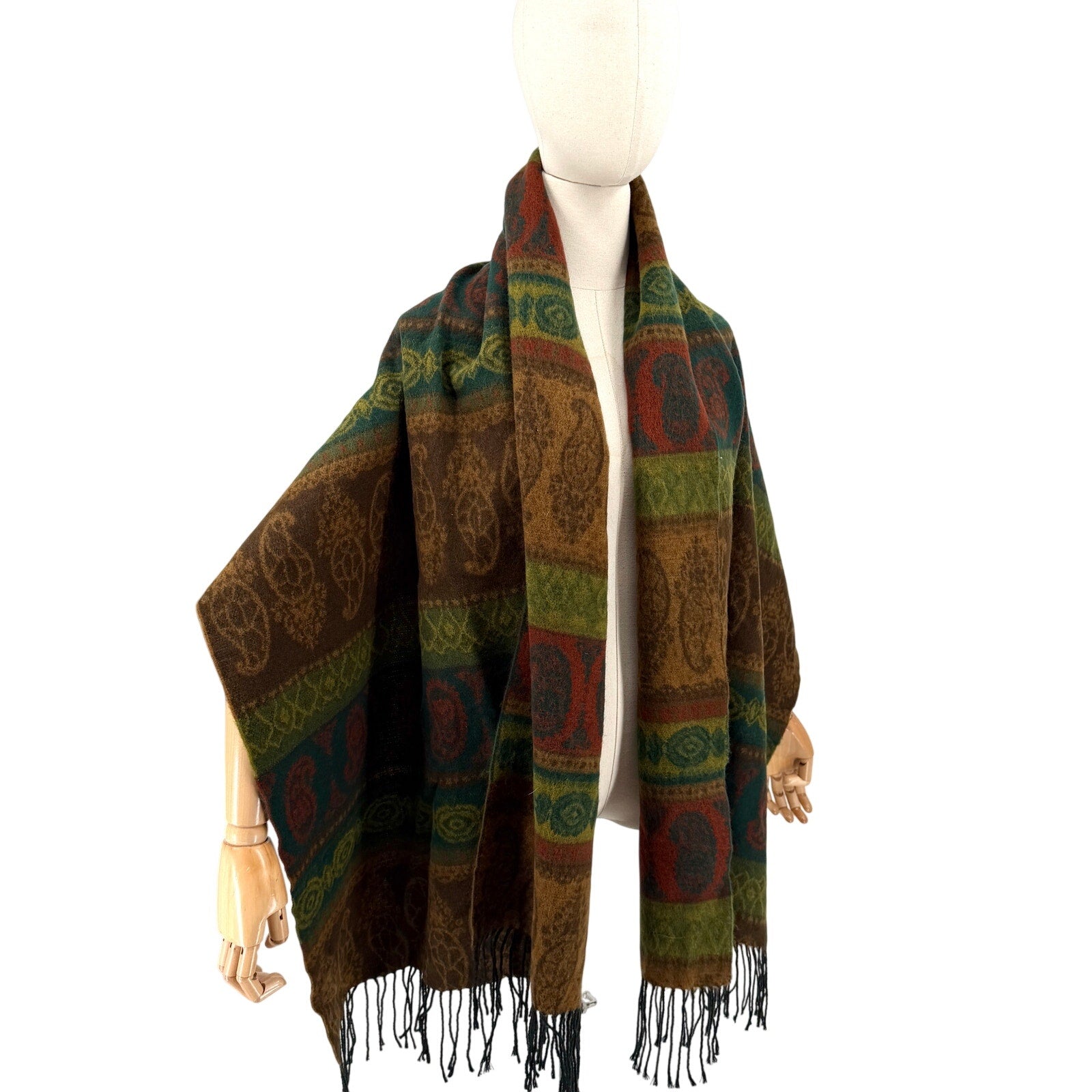 Vintage 90s Bloomingdale's Green Brown Boho Southwest Fringe Wrap Scarf