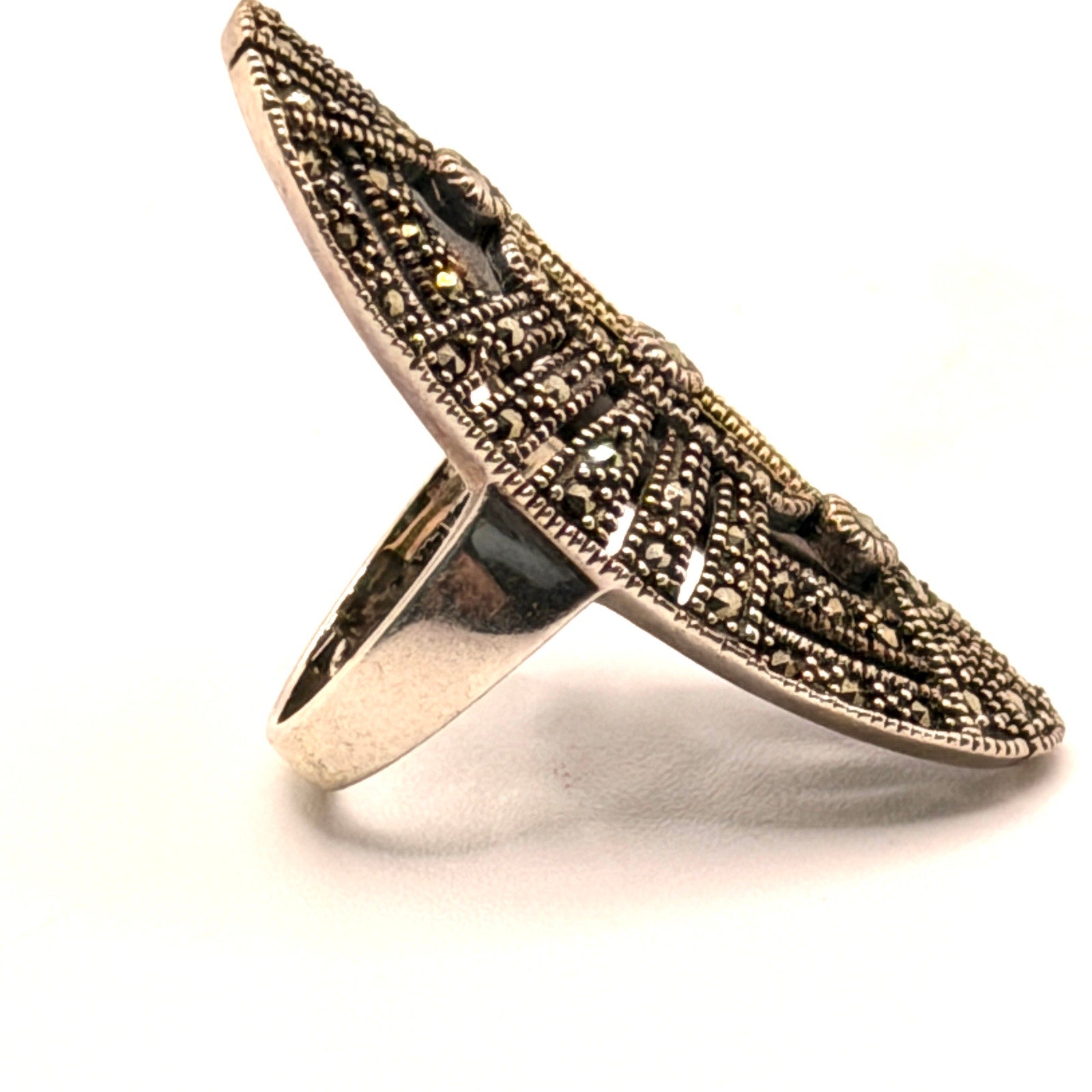Vintage 90s NF Silver 14K Gold Marcasite Art Deco Elongated Shield Ring