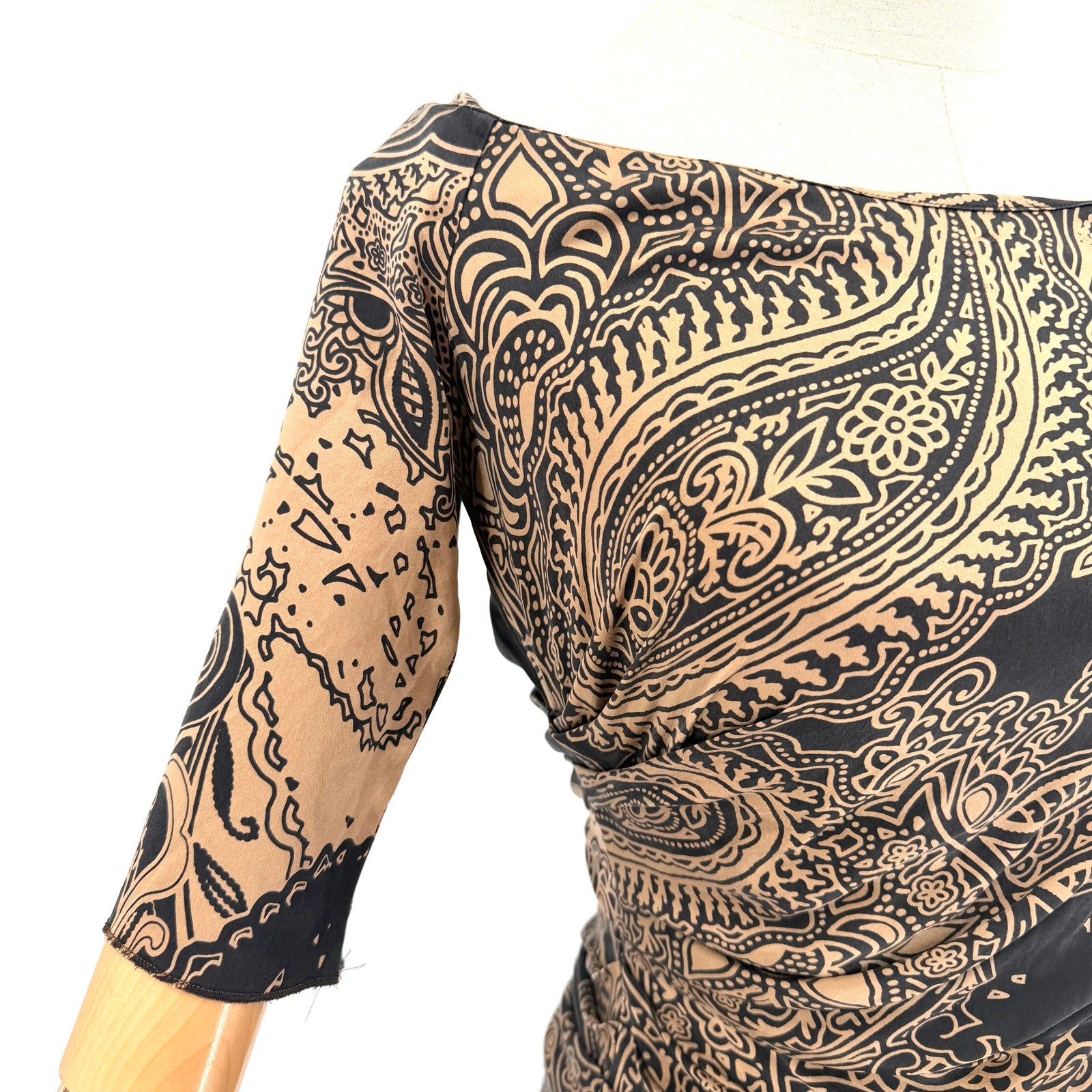 Vintage Y2K Etro Black Copper Silk Stretch Ruched Paisley Sheath Dress