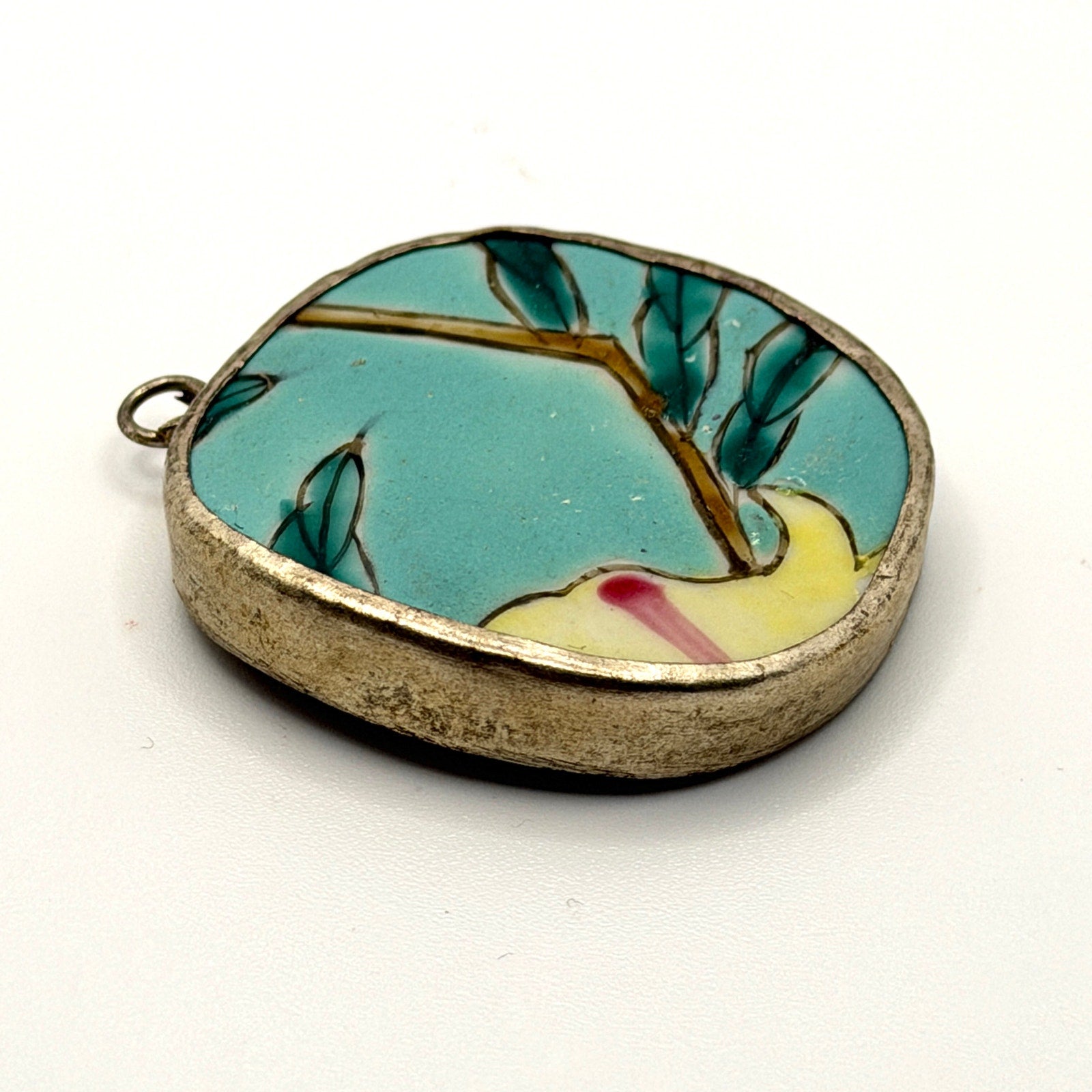 Vintage 90s Turquoise Hand Painted Porcelain Shard Bamboo Statement Pendant