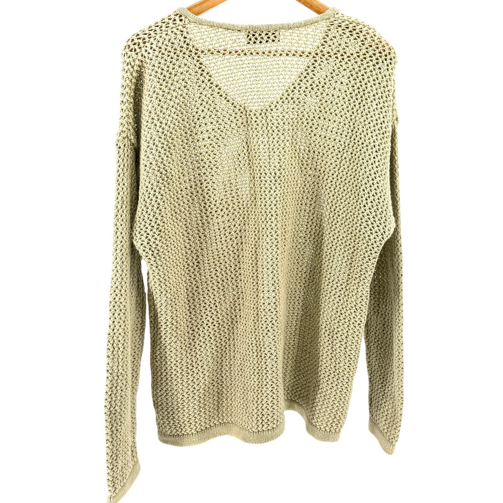 Vintage 90s Structure Beige 100% Cotton Mesh Open Weave V-Neck Sweater