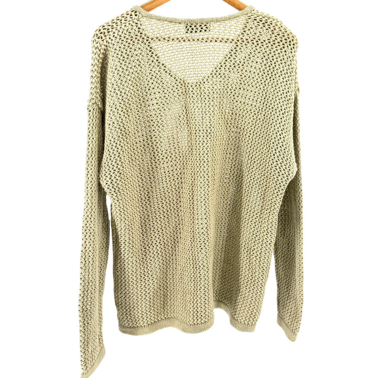 Vintage 90s Structure Beige 100% Cotton Mesh Open Weave V-Neck Sweater