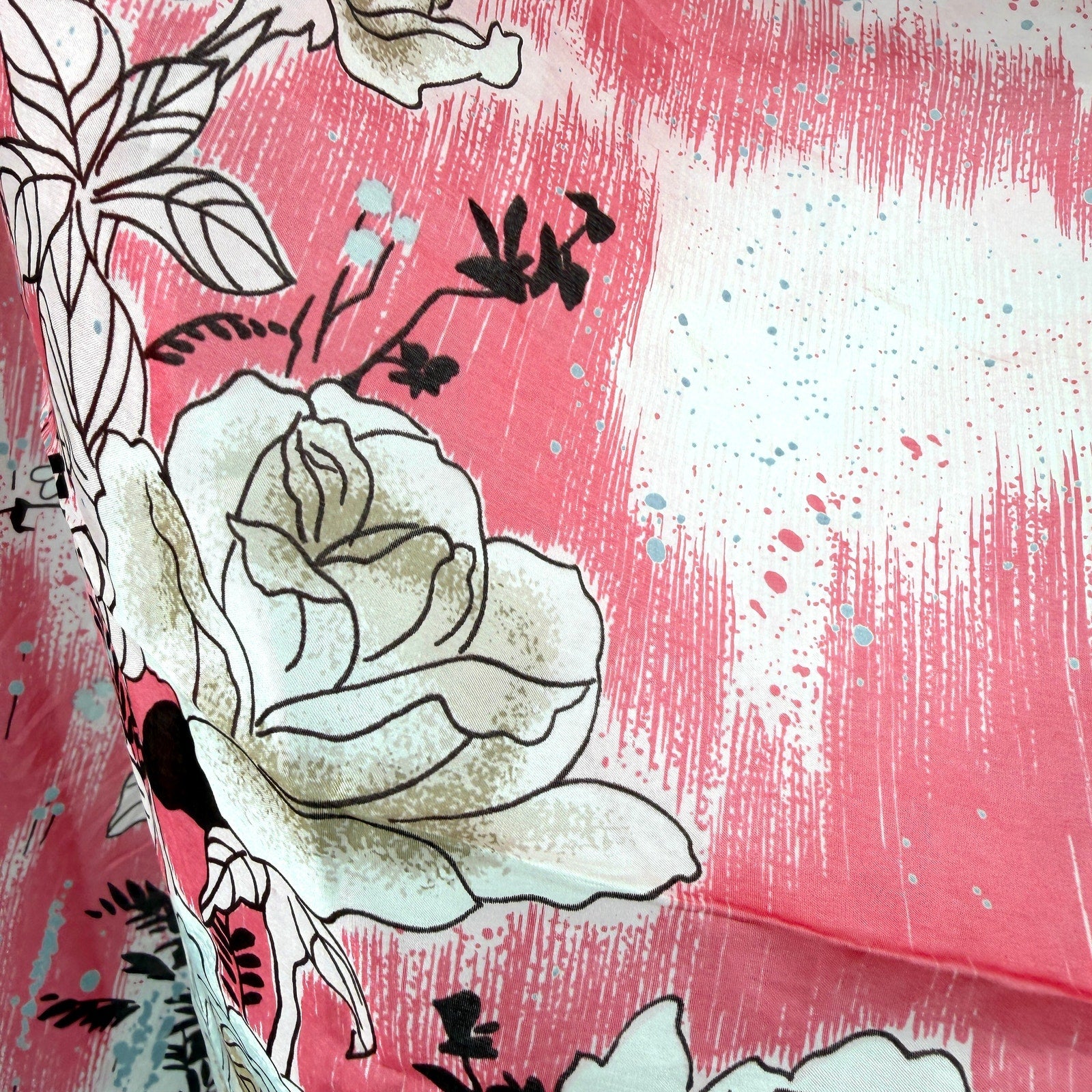 Vintage 80s Pink Floral 100% Silk Hand Rolled Scarf