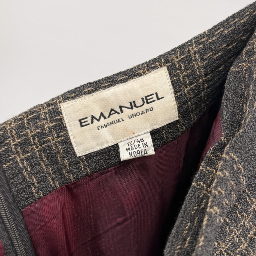Vintage 90s Emanuel Ungaro Gray Wool Plaid Double Breasted Blazer Skirt Suit