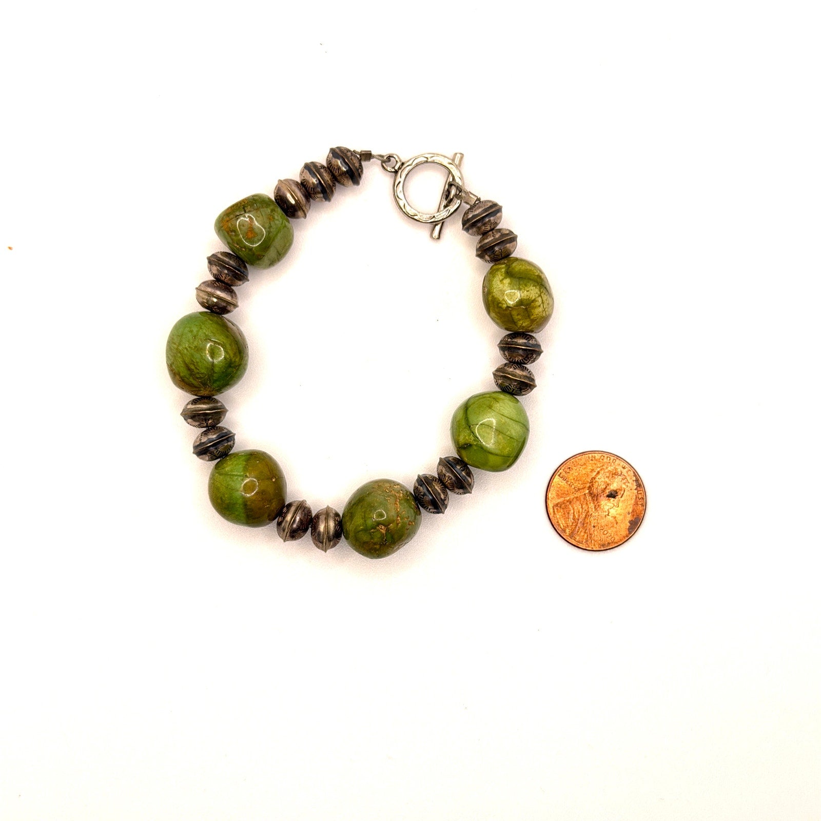 Vintage 90s Southwestern Green Gaspeite Stamped Silver Chunky Toggle Bracelet