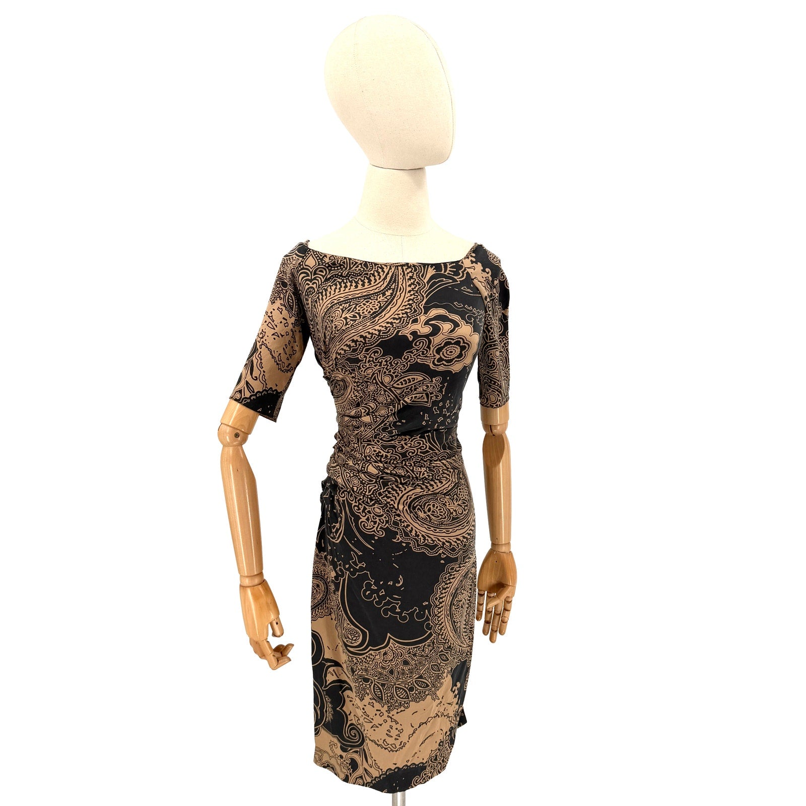 Vintage Y2K Etro Black Copper Silk Stretch Ruched Paisley Sheath Dress