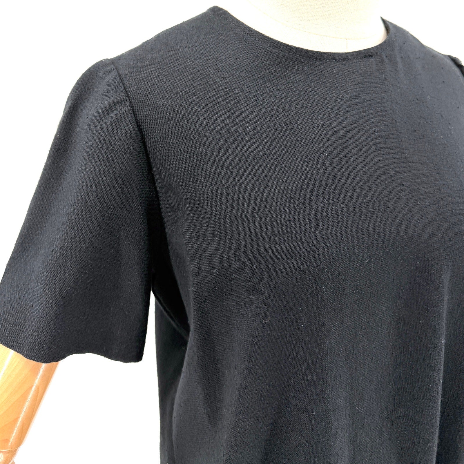 Vintage 60s Leslie Fay Black Mod Linen Blend Short Sleeve Shift Dress