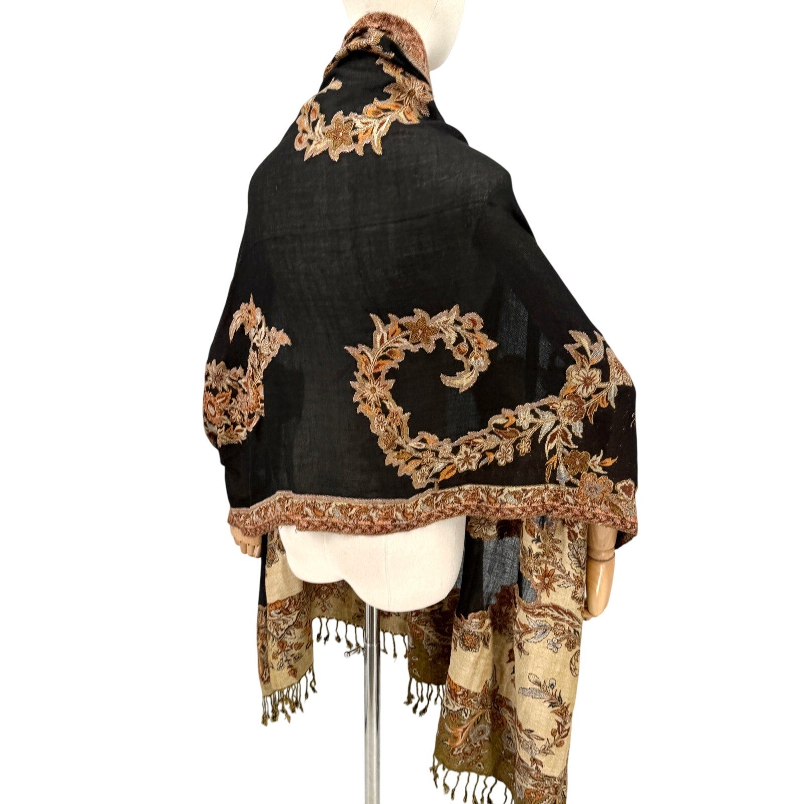 Black Brown Woven Jacquard Paisley Floral Fringe Wrap Shawl