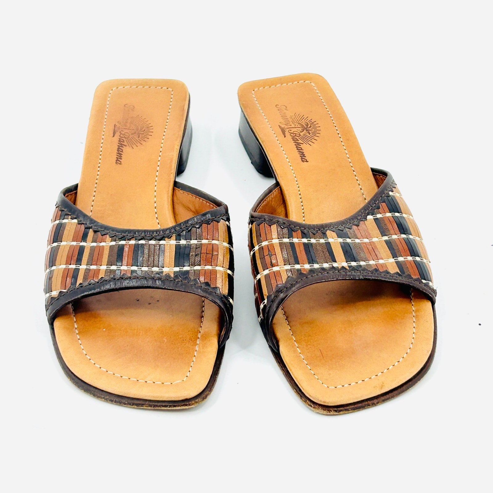 Vintage 90s Tommy Bahama Brown Tan Woven Leather Block Heel Mules