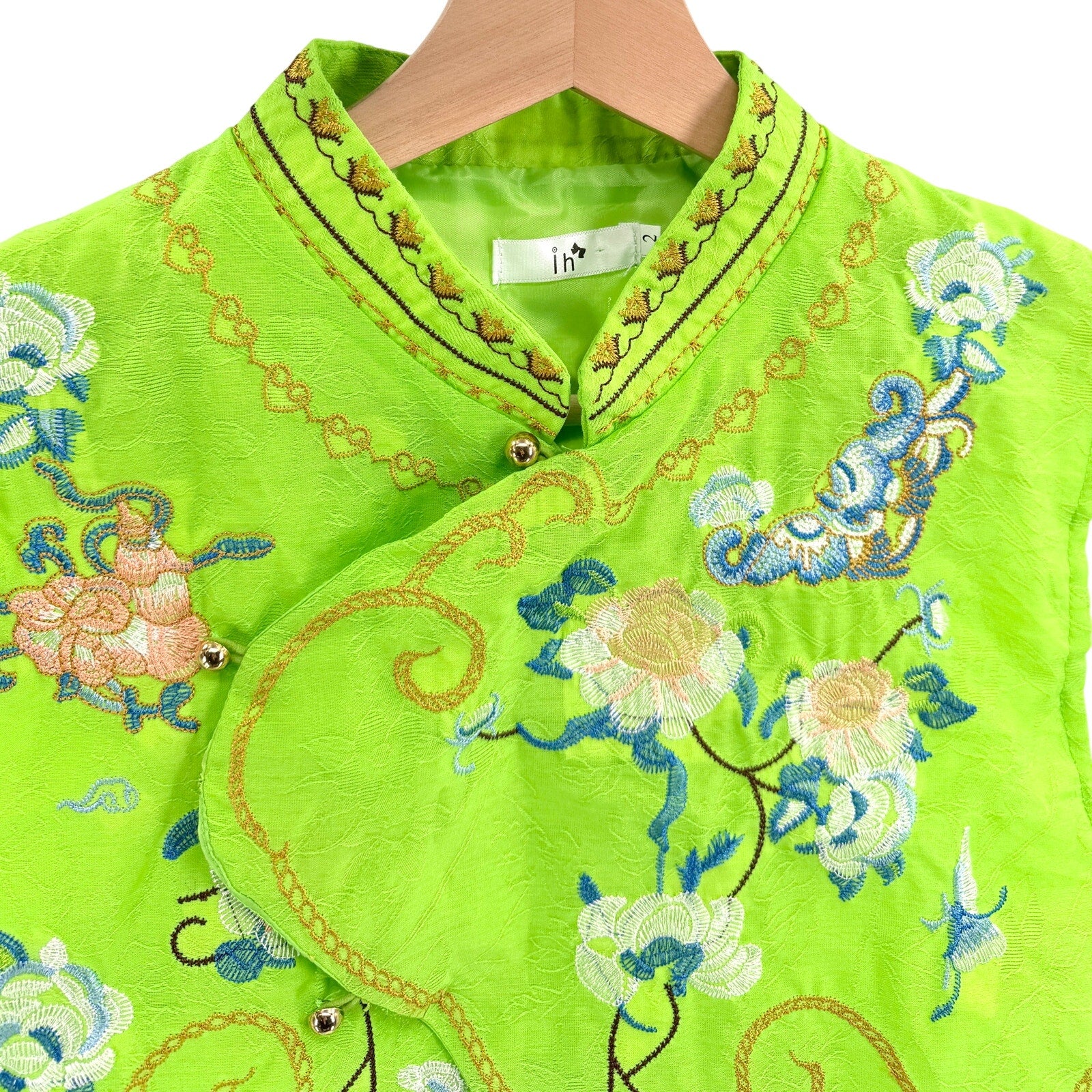 ih Lime Green Embroidered Mandarin Collar Asymmetrical Vest Top