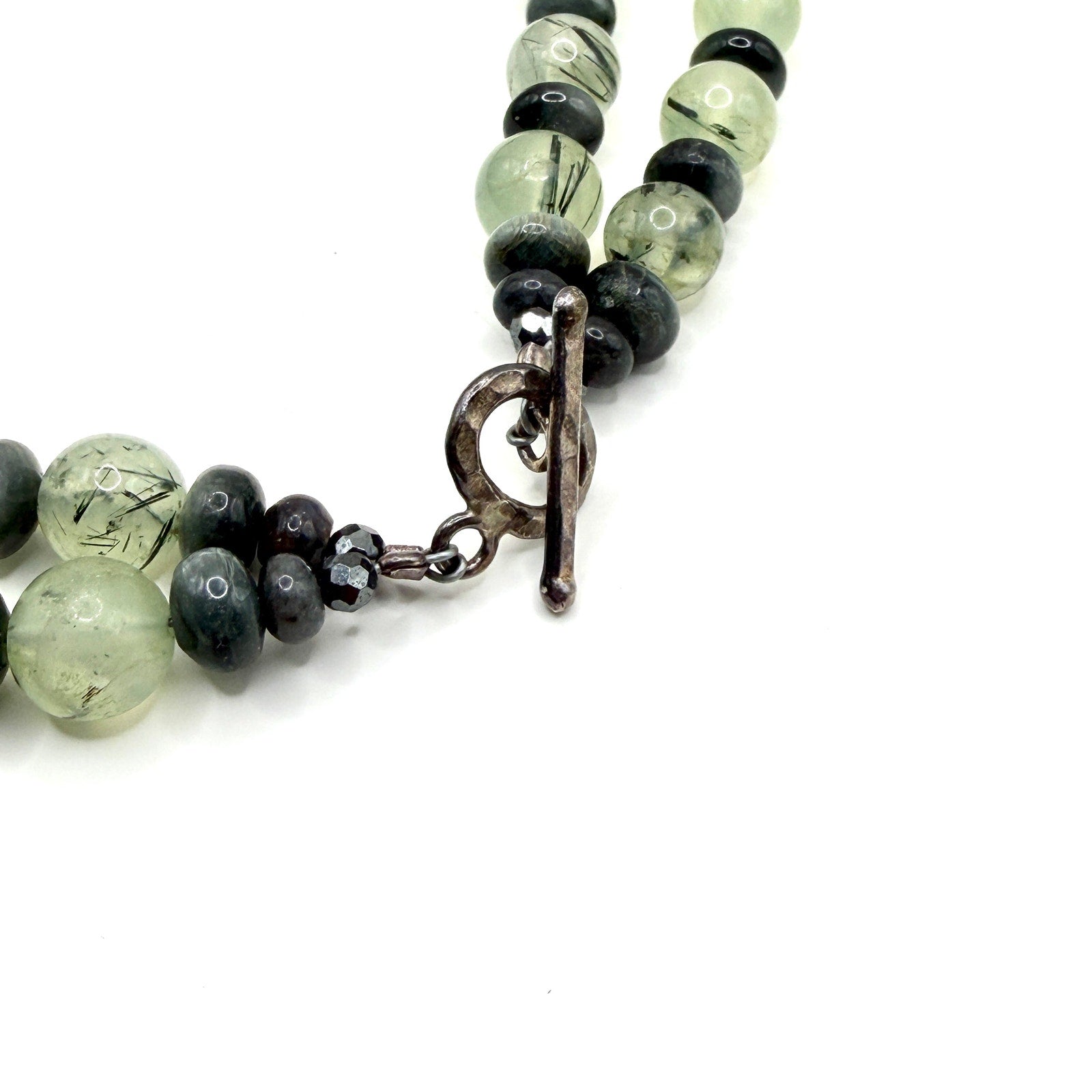 Vintage 90s Green Double Strand Rutilated Prehnite Toggle Necklace