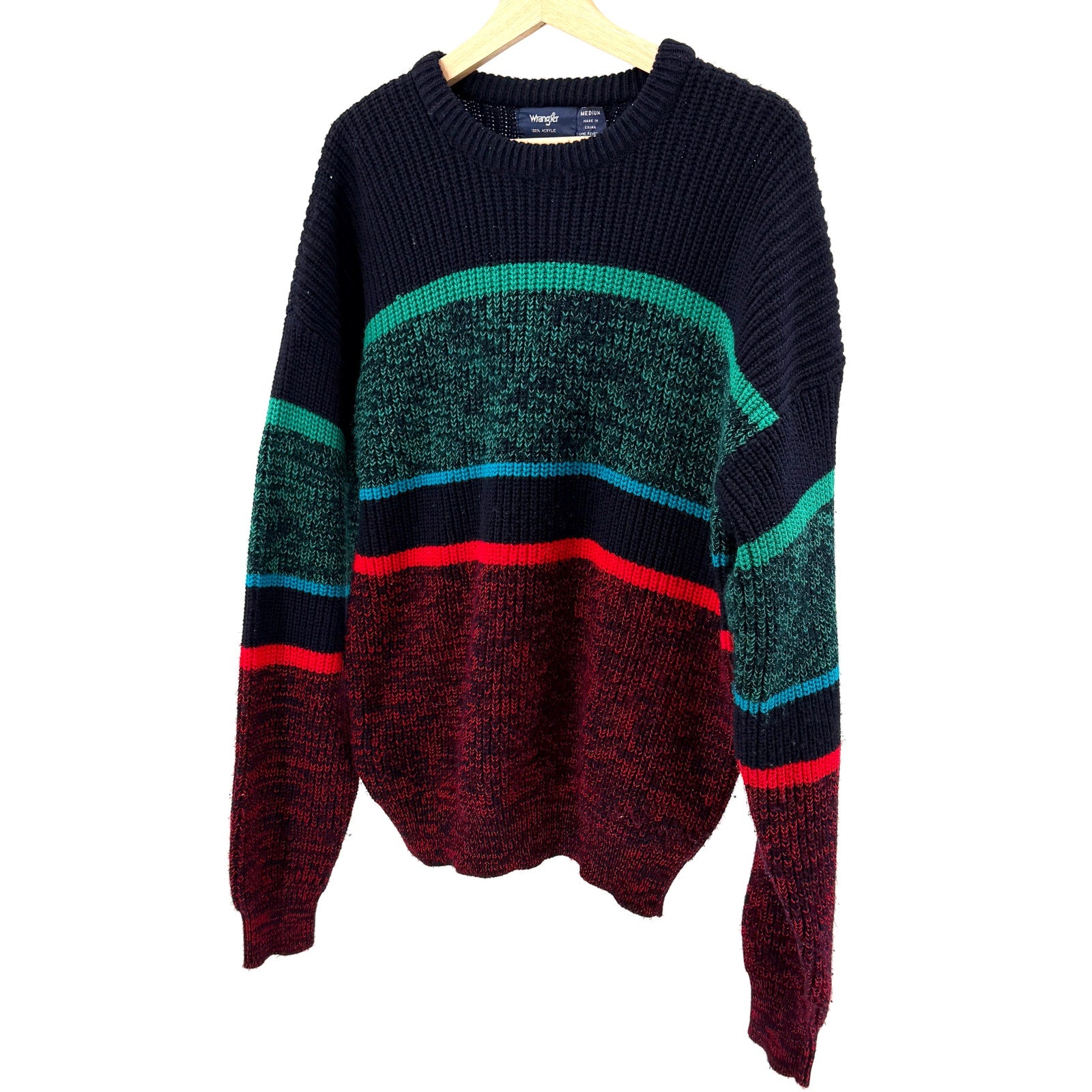 Vintage 90s Wrangler Navy Green Red Block Striped Graphic Knit Sweater