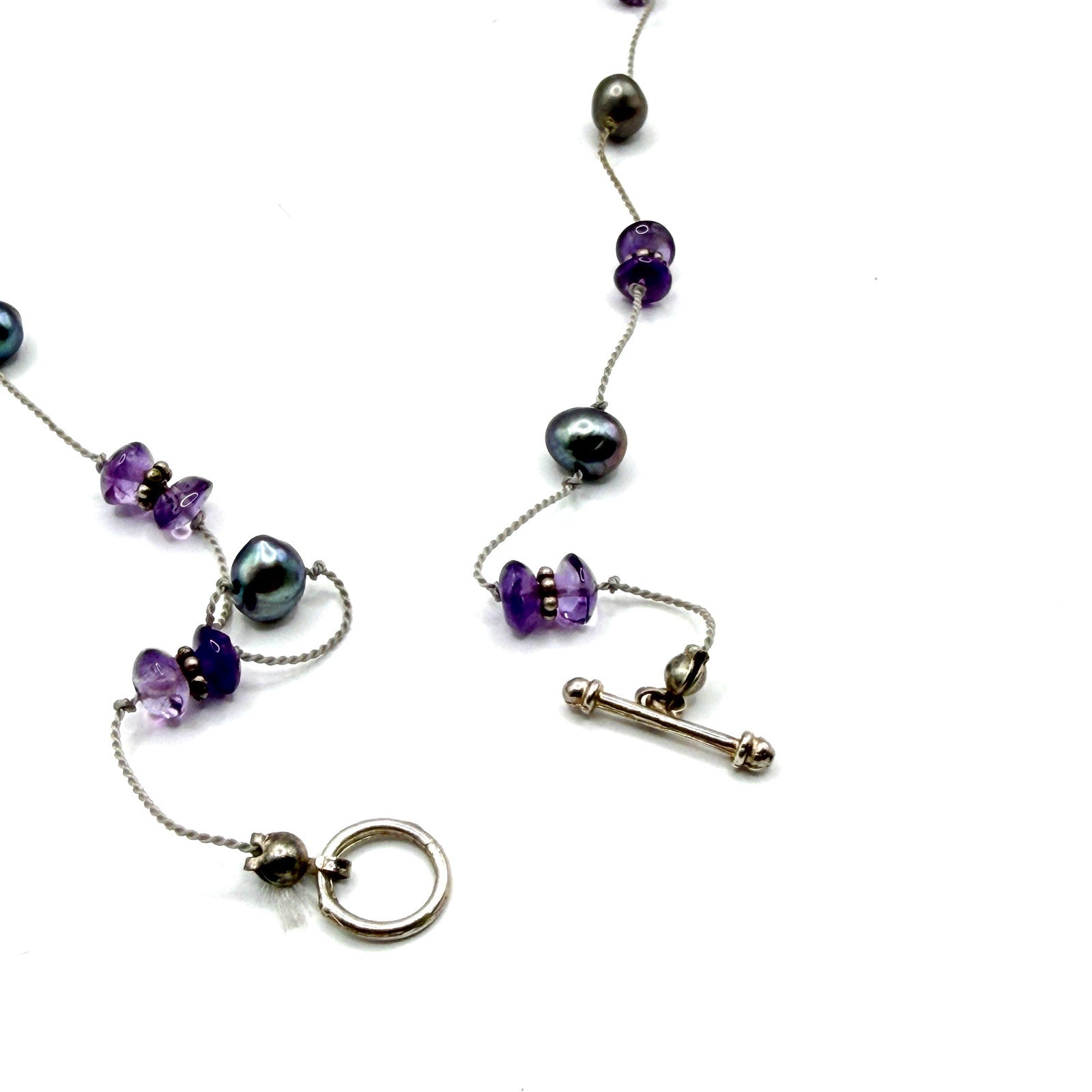 Vintage 90s Purple Grey Amethyst Pearl Tin Cup Toggle Necklace