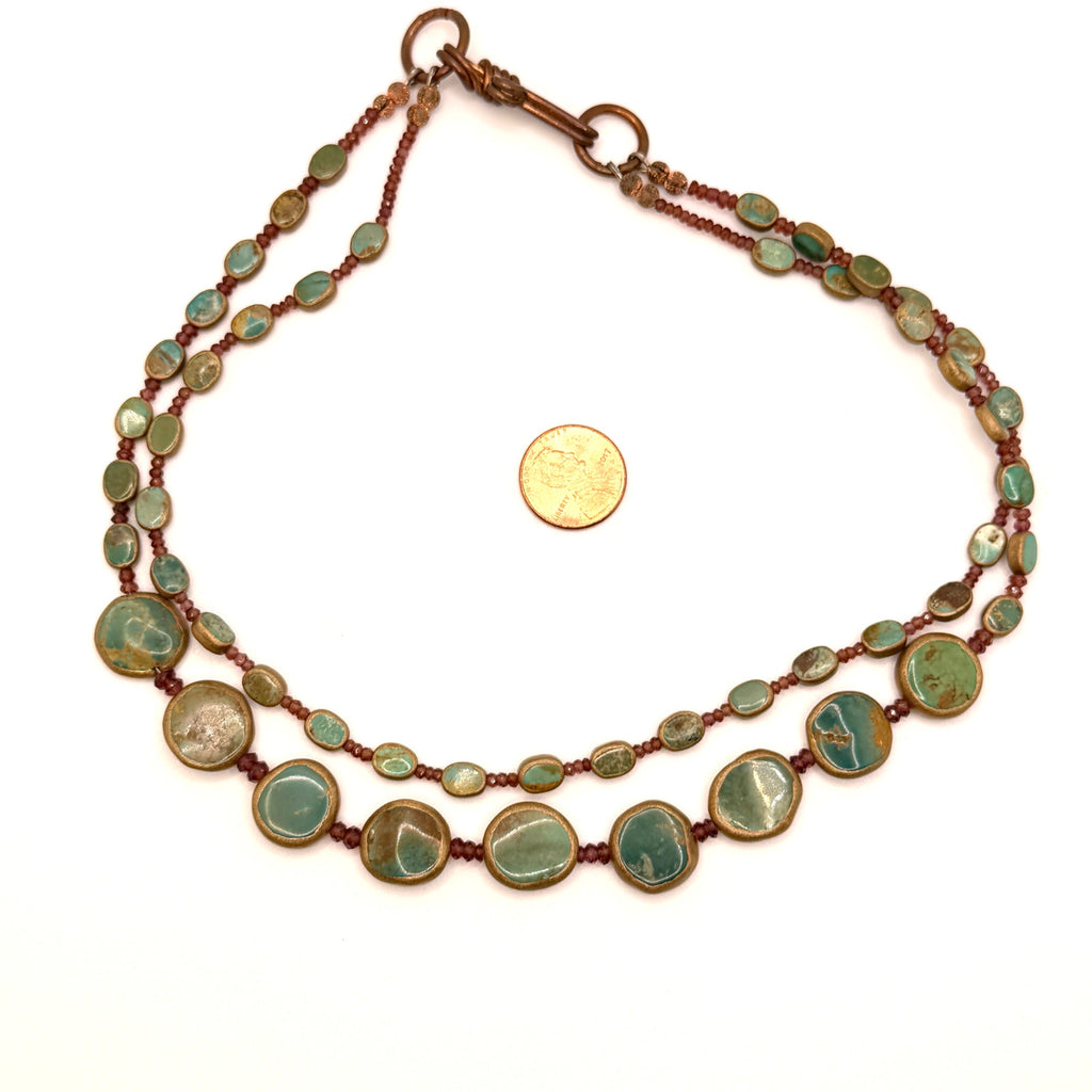 Vintage Turquoise Rubellite Double Strand Copper Hook Artisanal Necklace