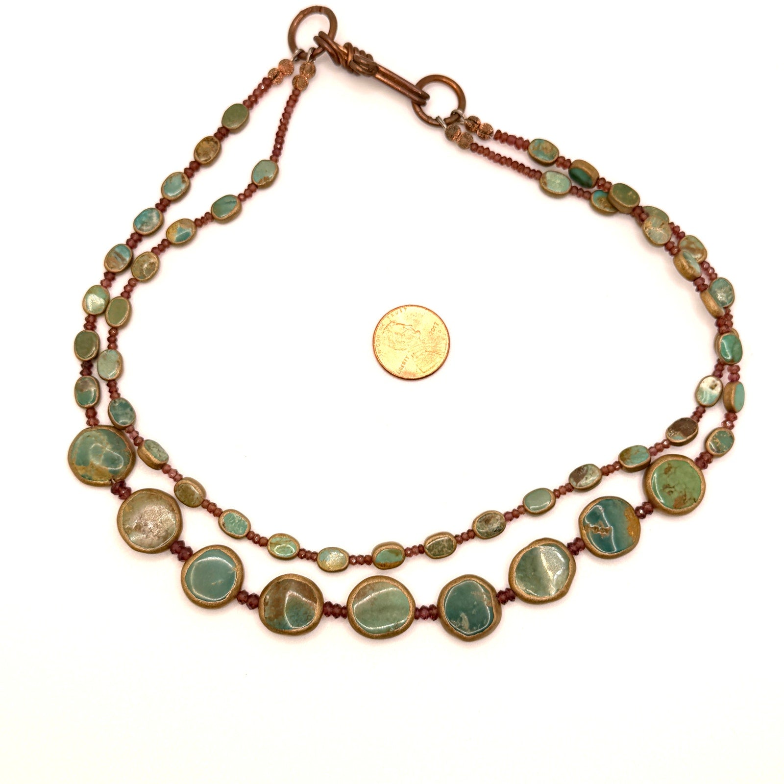 Vintage Turquoise Rubellite Double Strand Copper Hook Artisanal Necklace