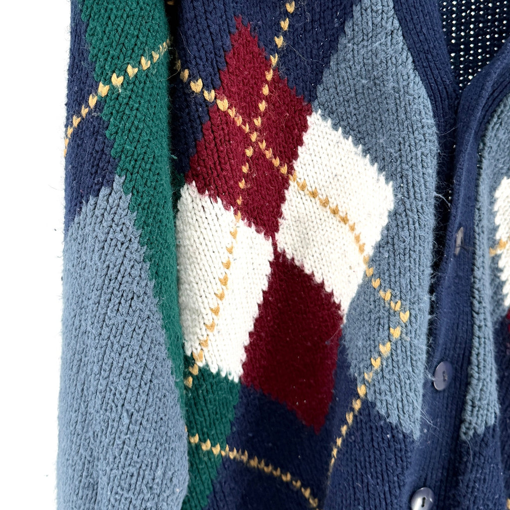 Vintage 90s Emerald Club Navy Blue Argyle Grunge Button Front Cardigan Sweater