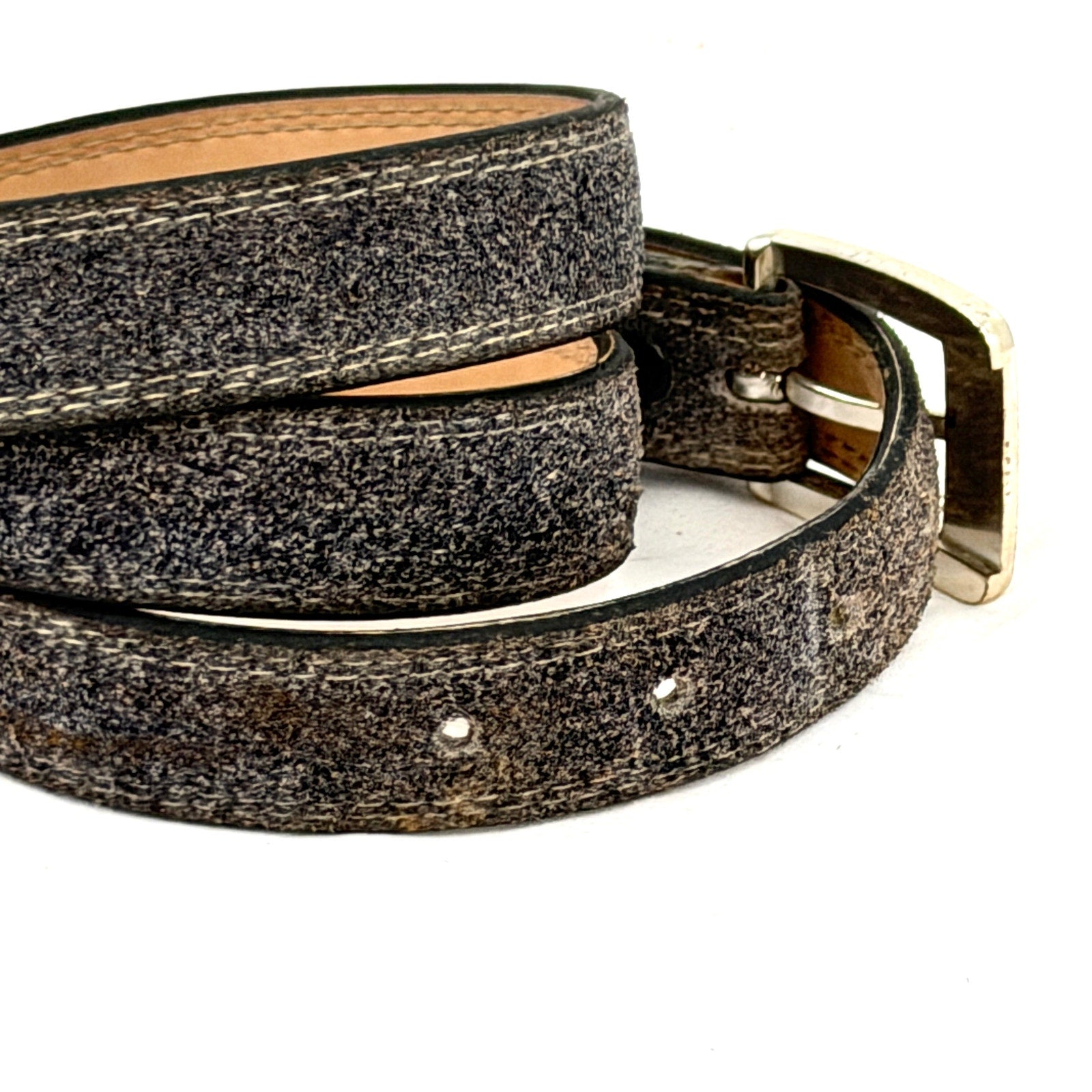 Vintage 90s Gotcha Covered Grey Brushed Genuine Leather Western Tipped Belt