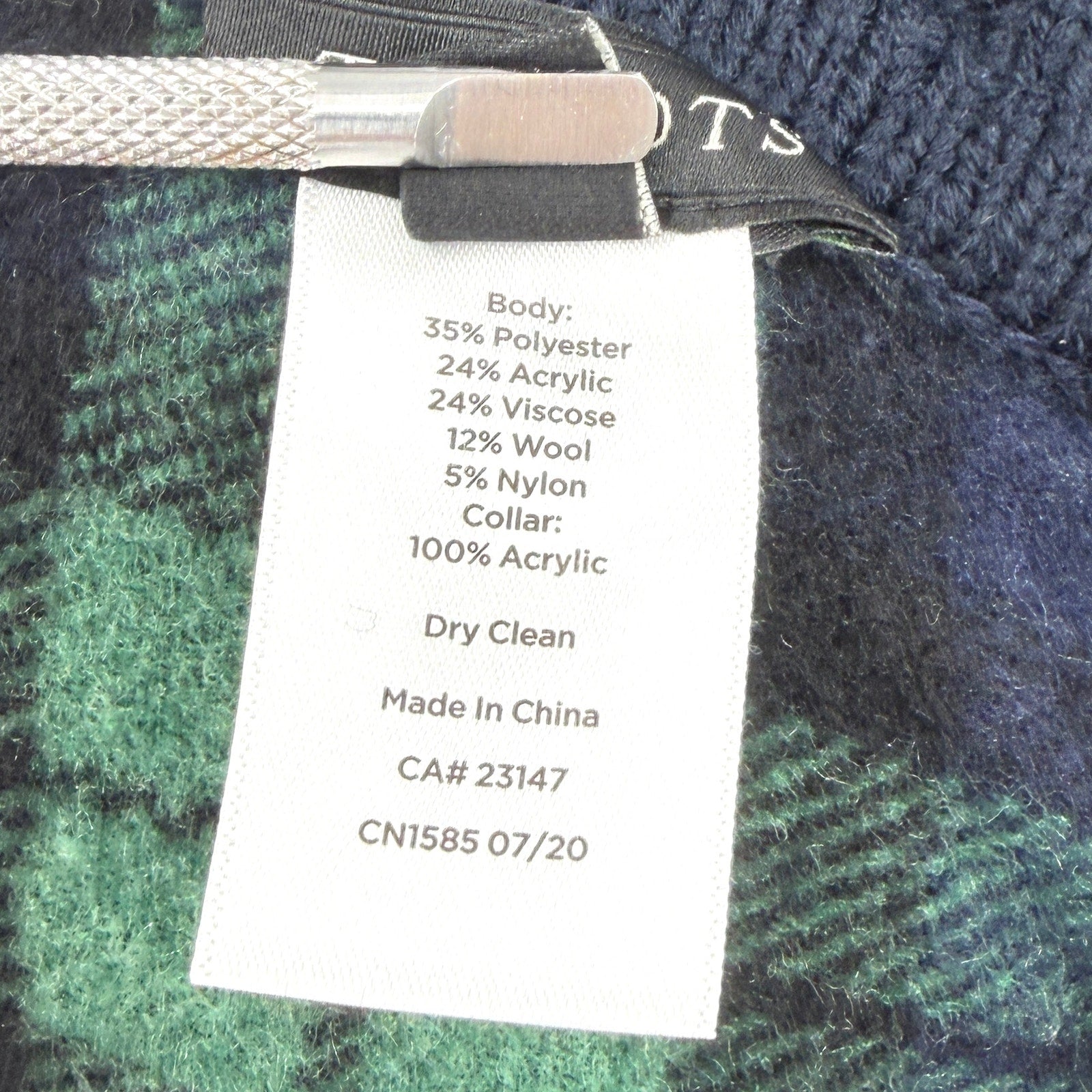 Talbots Navy Green Black Watch Plaid Fringe Turtleneck Poncho