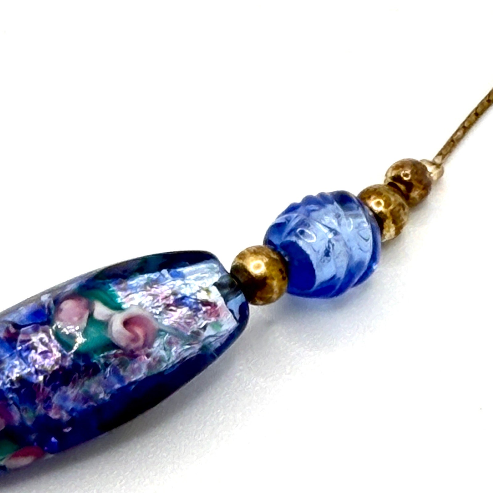 Vintage 90s Blue Glass Lampwork Floral Hand Blown Necklace