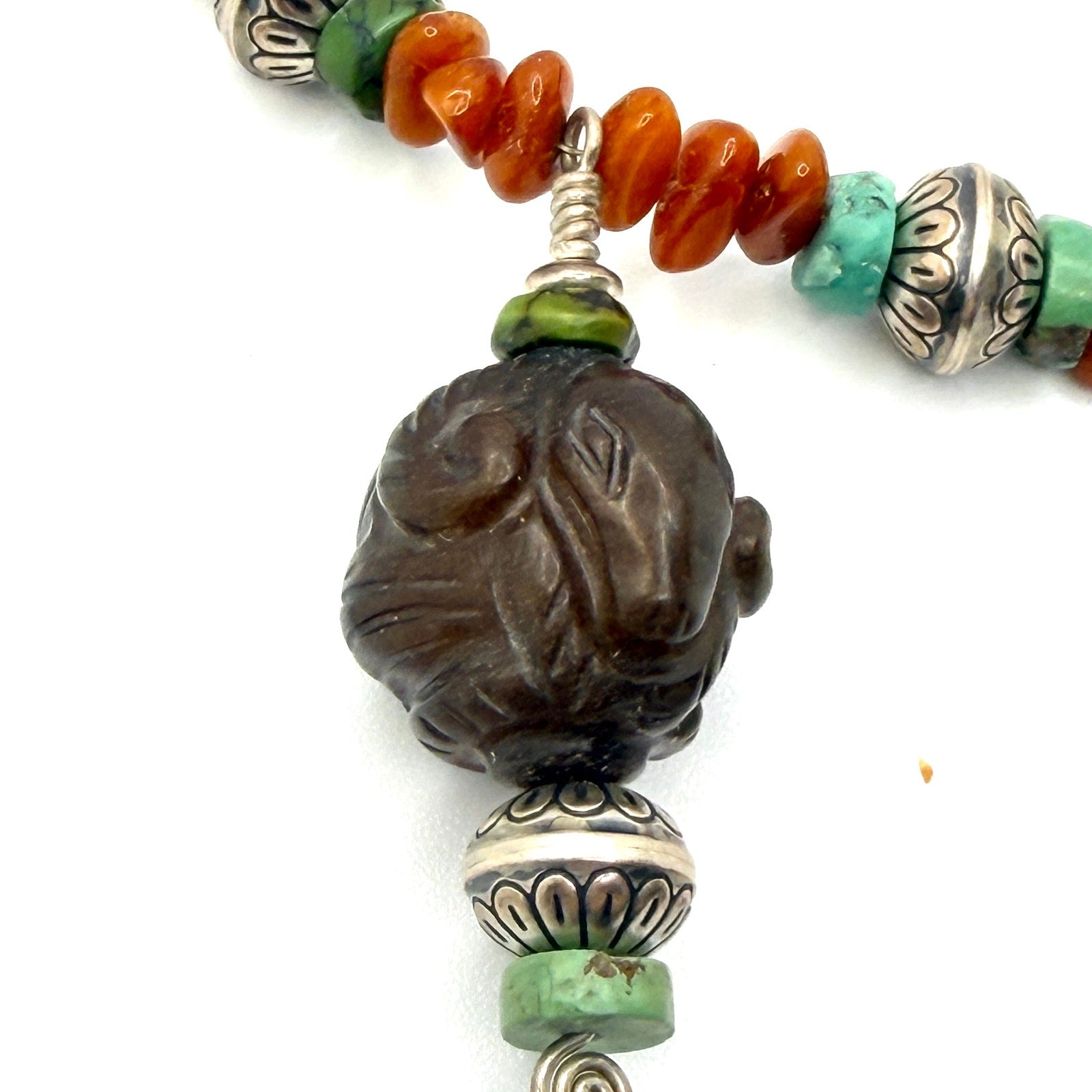 Vintage 90s Artisanal Carved Ram Turquoise Carnelian Beaded Necklace Earring Set