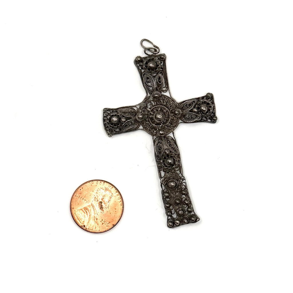Vintage 70s Ornate Cannetille Sterling Silver Statement Cross Pendant
