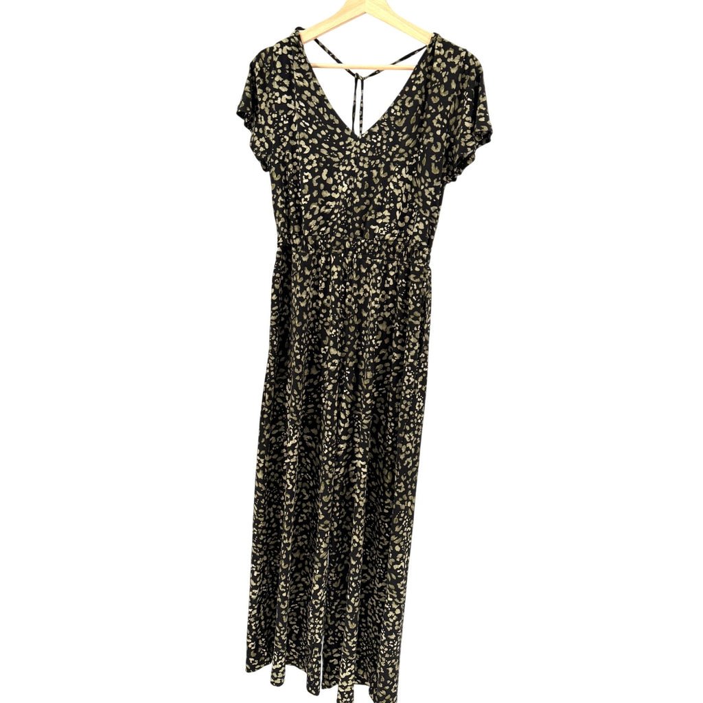 Tommy Bahama Black Green Leopard Print Wide Leg Stretch Jumpsuit