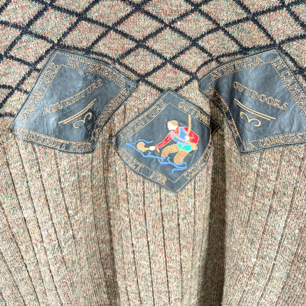 Vintage 80s Guy Laurent Brown 100% Wool Outdoor Leather Patch Sweater