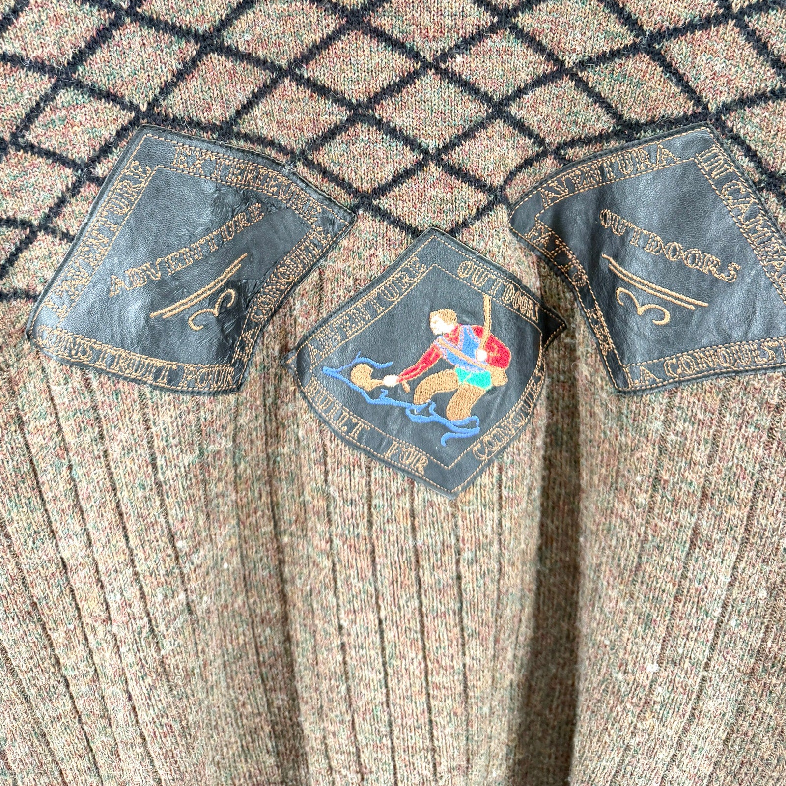 Vintage 80s Guy Laurent Brown 100% Wool Outdoor Leather Patch Sweater