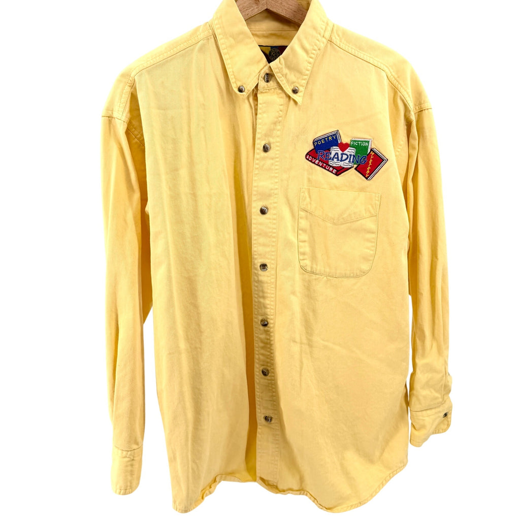 Vintage 90s Camp Creek Yellow 100% Cotton Novelty Reading Patch Shirt
