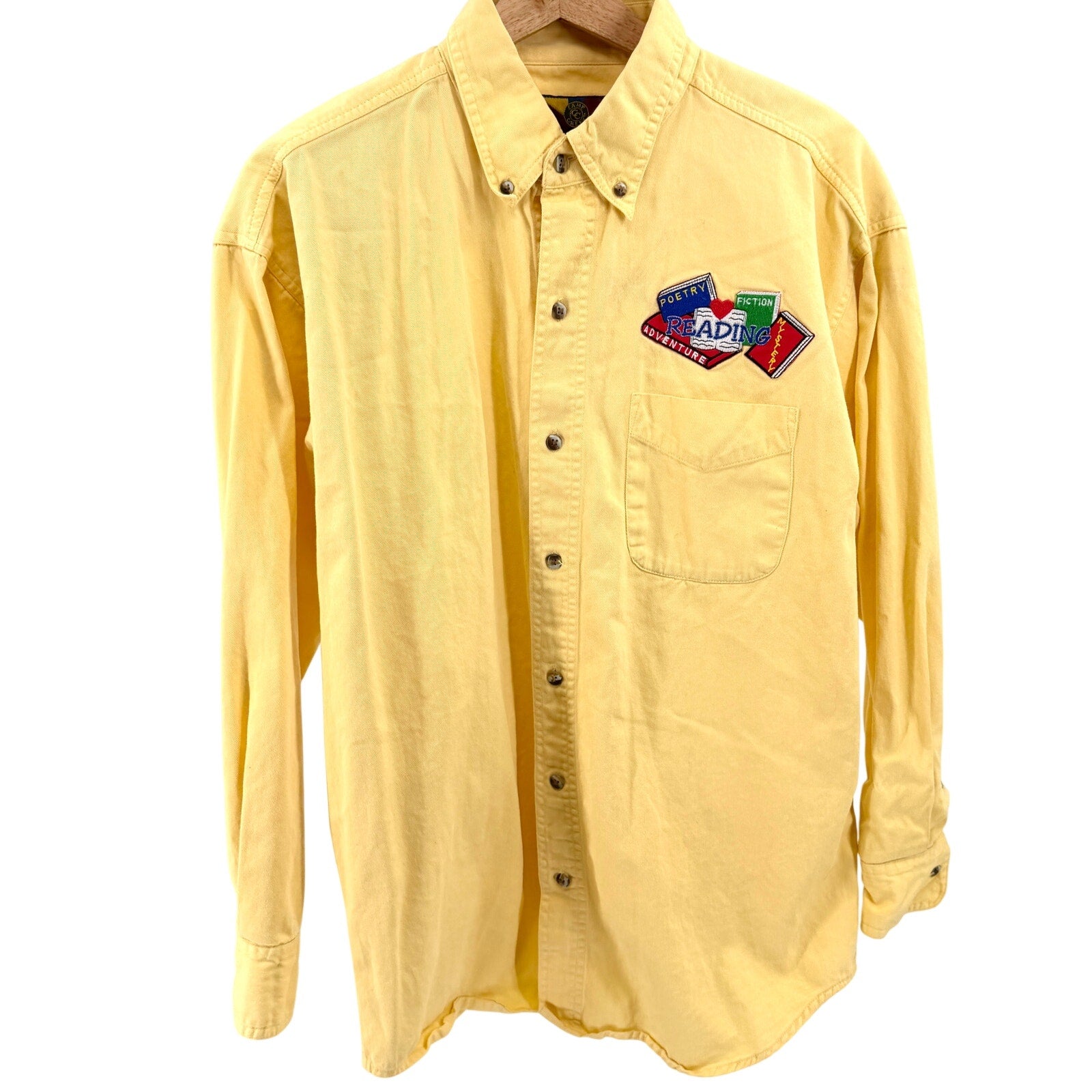 Vintage 90s Camp Creek Yellow 100% Cotton Novelty Reading Patch Shirt