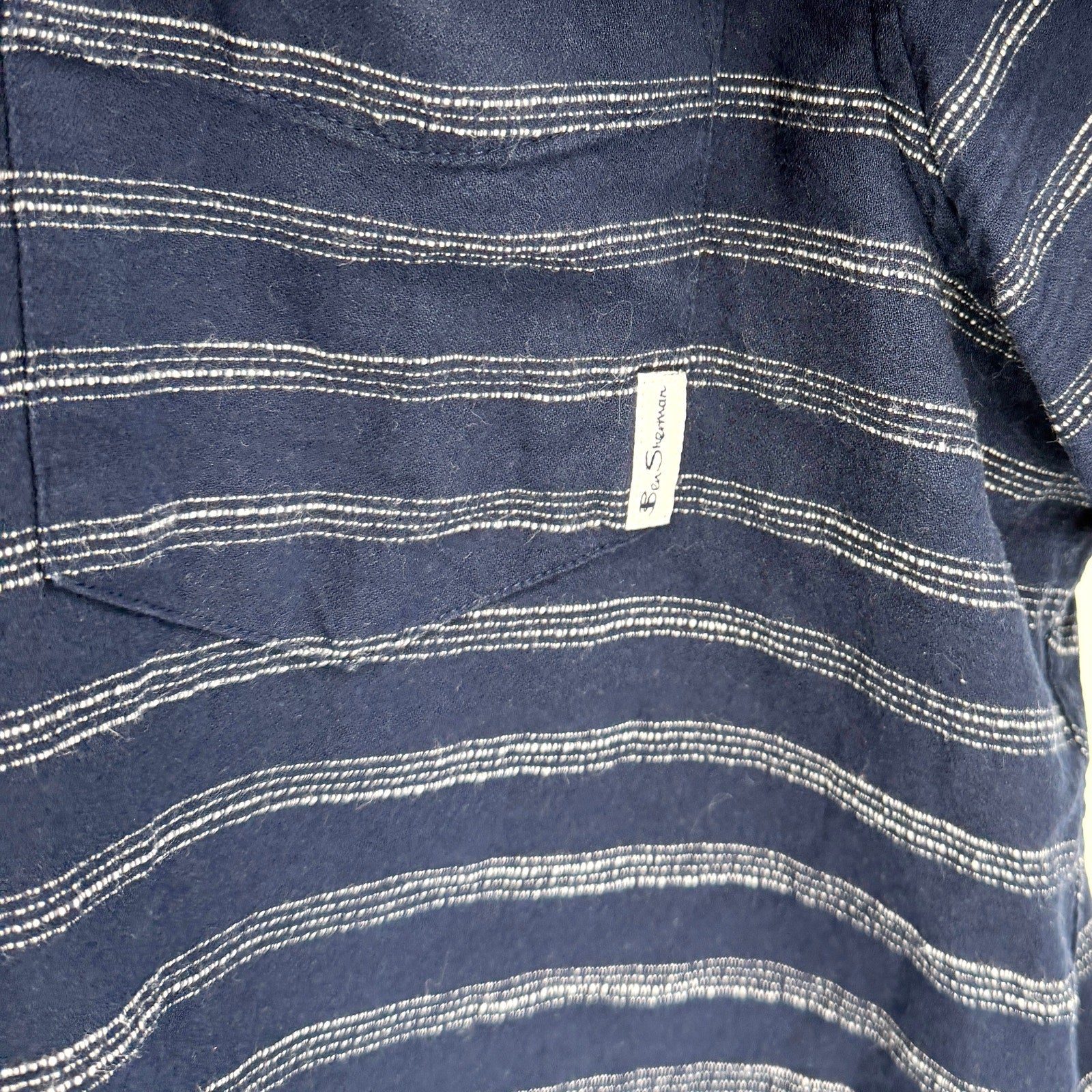 Ben Sherman Navy Blue White Stripe 100% Cotton Short Sleeve Button Down Shirt