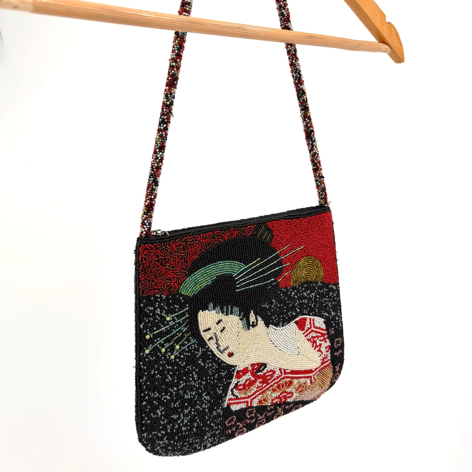 Vintage 90s Chicos Black Red Asian Geisha Portrait Fully Beaded Handbag