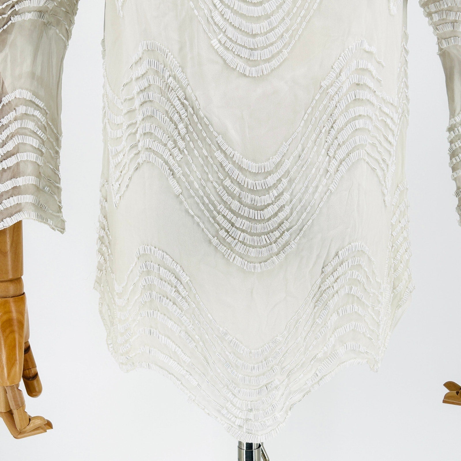 Bo.Bô White 100% Silk Sheer Fully Beaded Satin Lined Boho Tassel Tunic