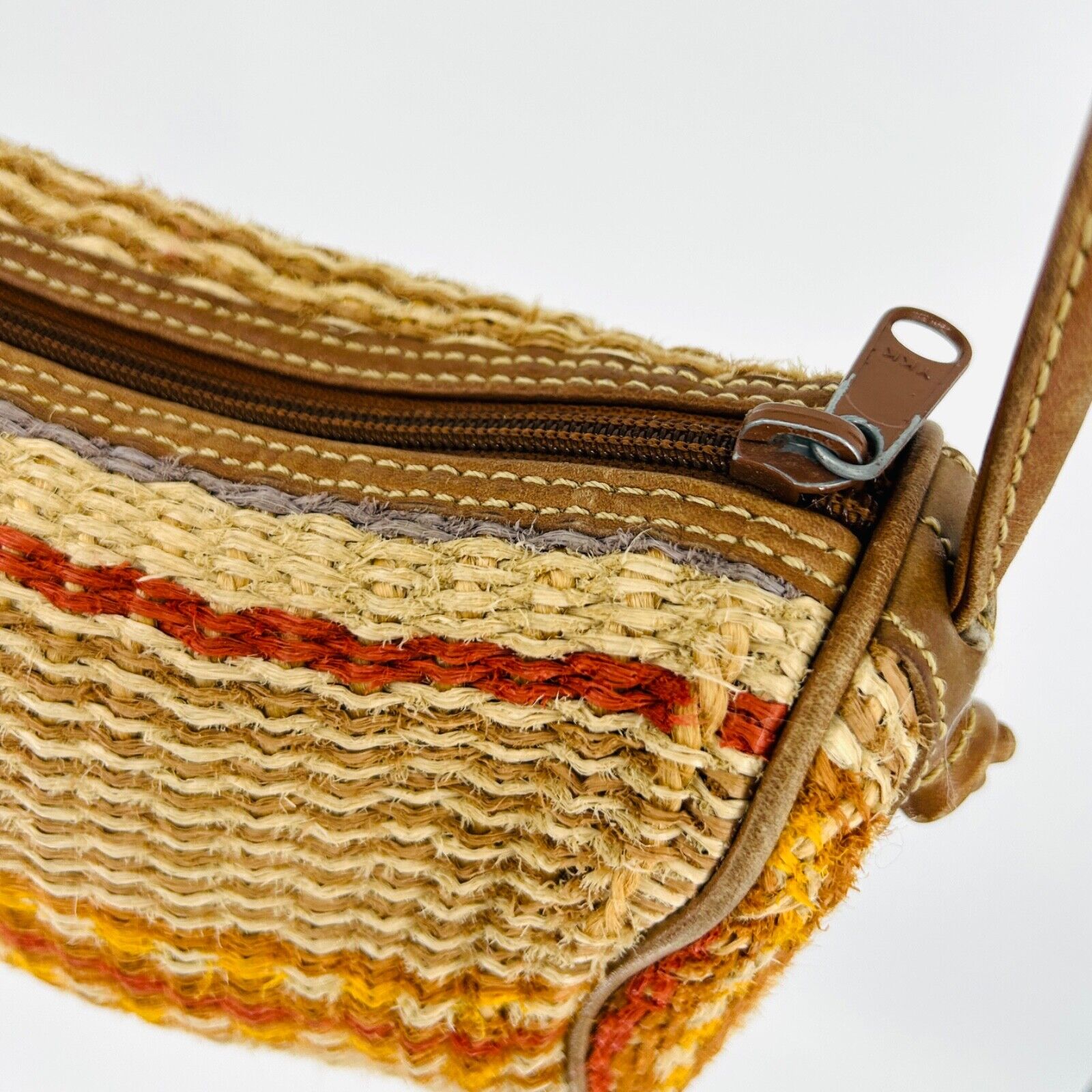 Vintage 80s Multicolor Woven Straw Genuine Leather Bow Crossbody Bag
