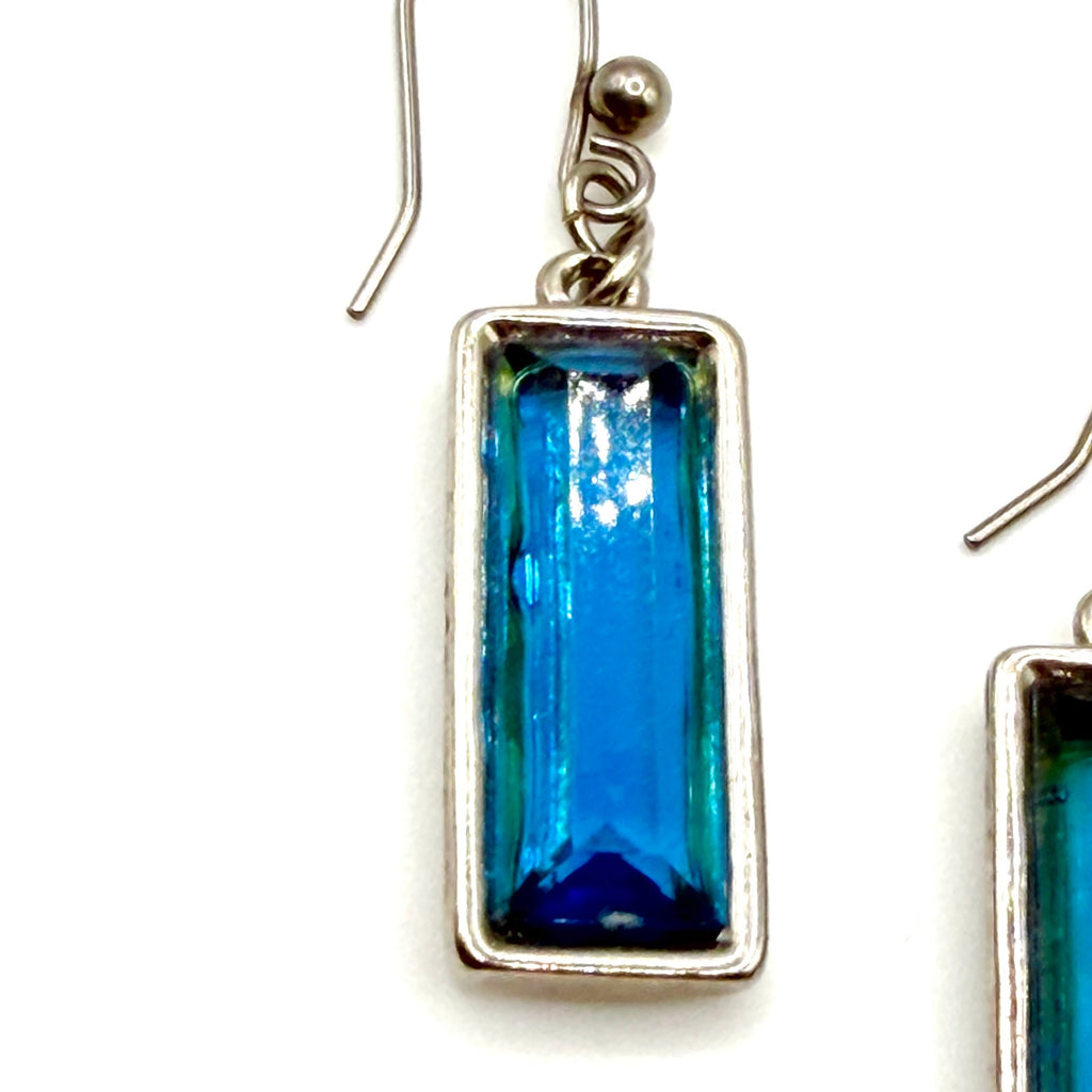 Vintage Y2K Oceanic Blue Glass Minimalist Geometric Rectangle Drop Earrings
