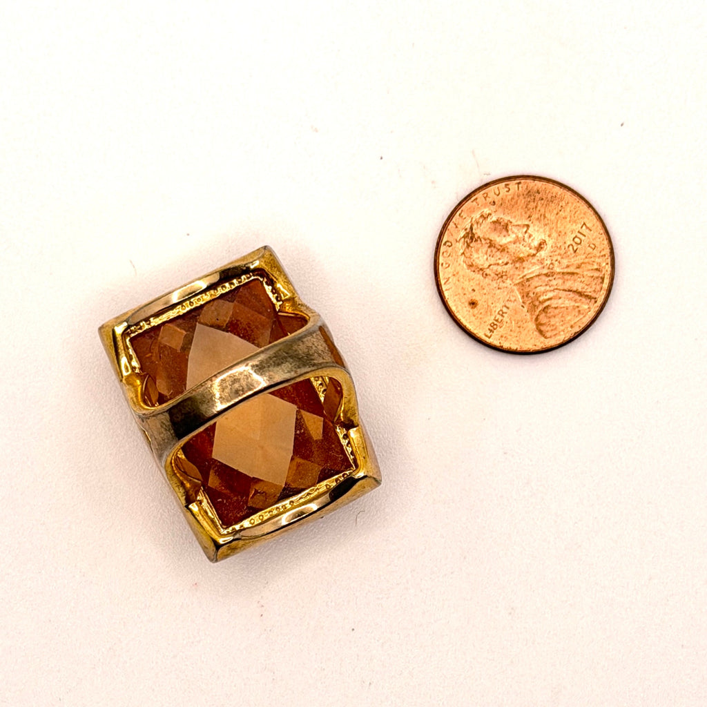 Vintage 1970s Honey Amber Faceted Crystal Architectural Cocktail Ring