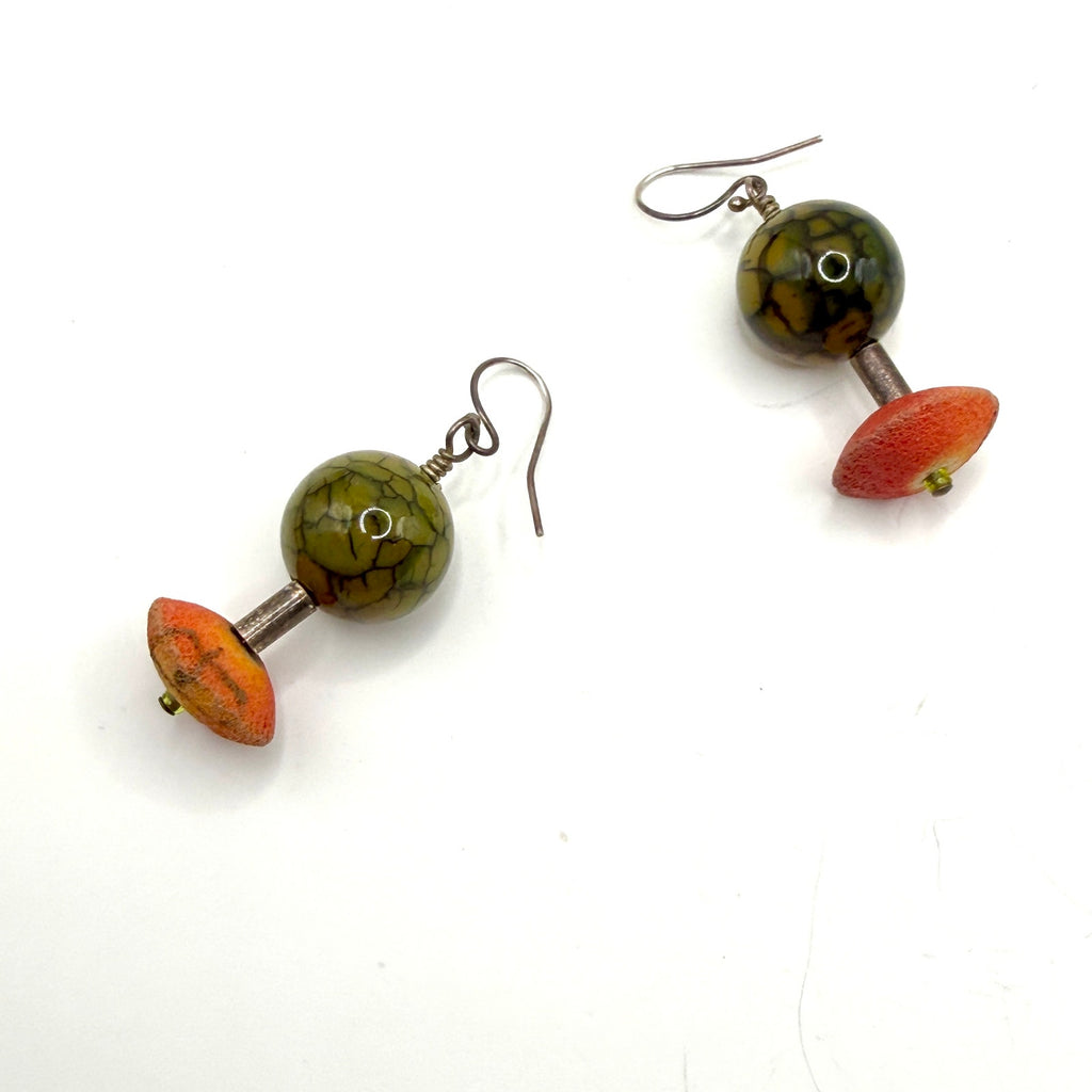 Vintage 90s Olive Green Crackle Glass Boho Drop Earrings