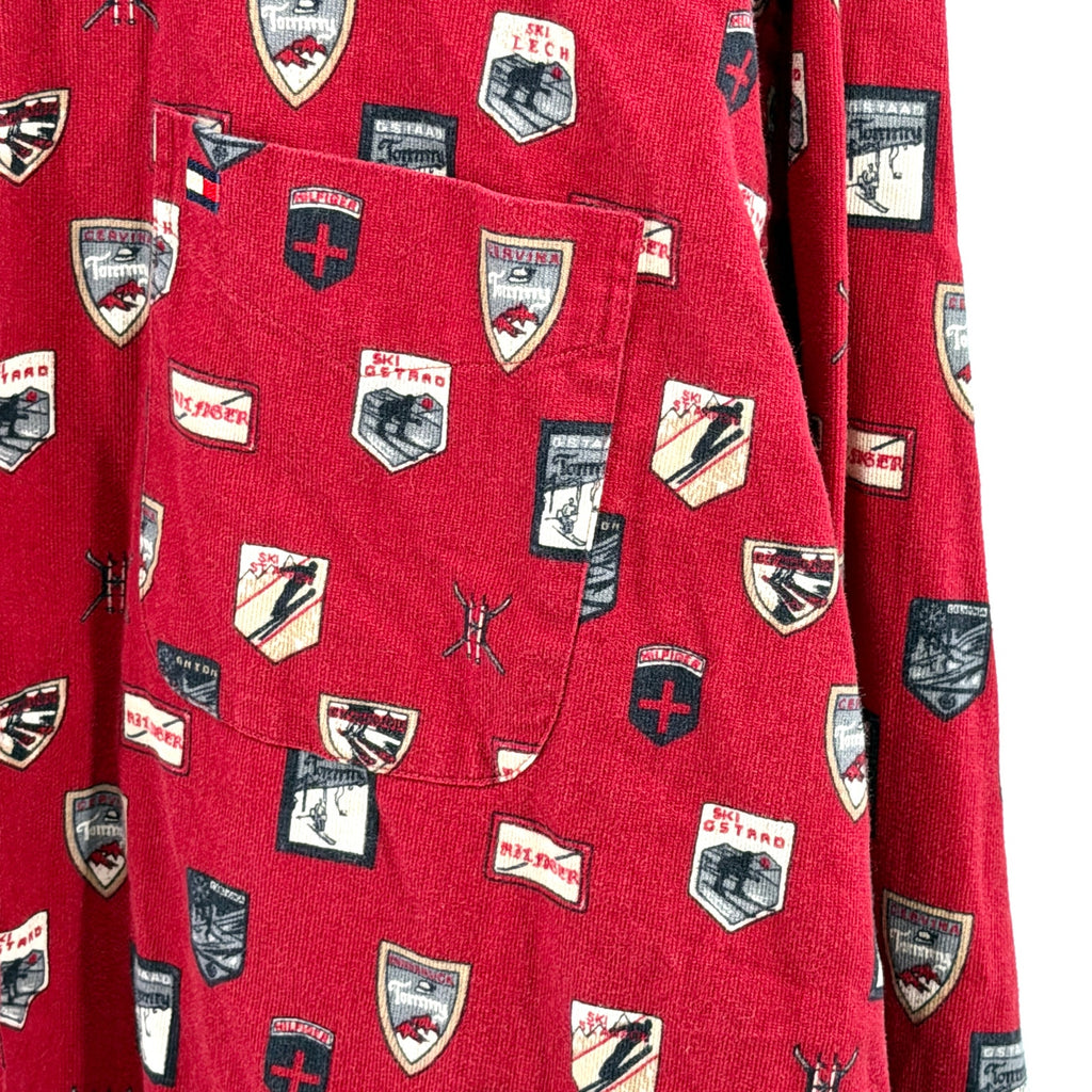 Vintage 90s Tommy Hilfiger Red 100% Cotton AOP Ski Icons Button Down Shirt