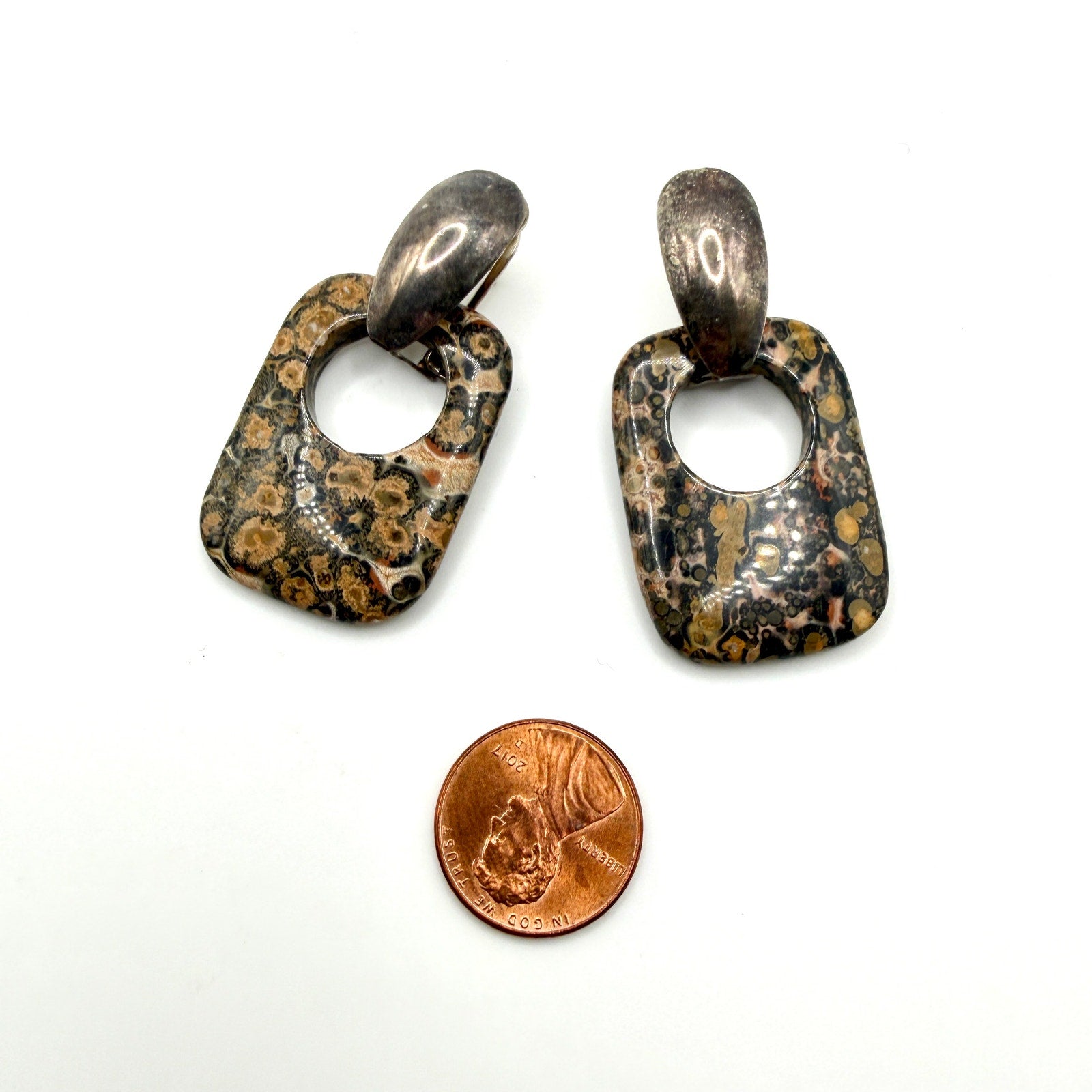 Vintage 90s Sterling Silver Leopard Skin Jasper Cutout Dangle Earrings